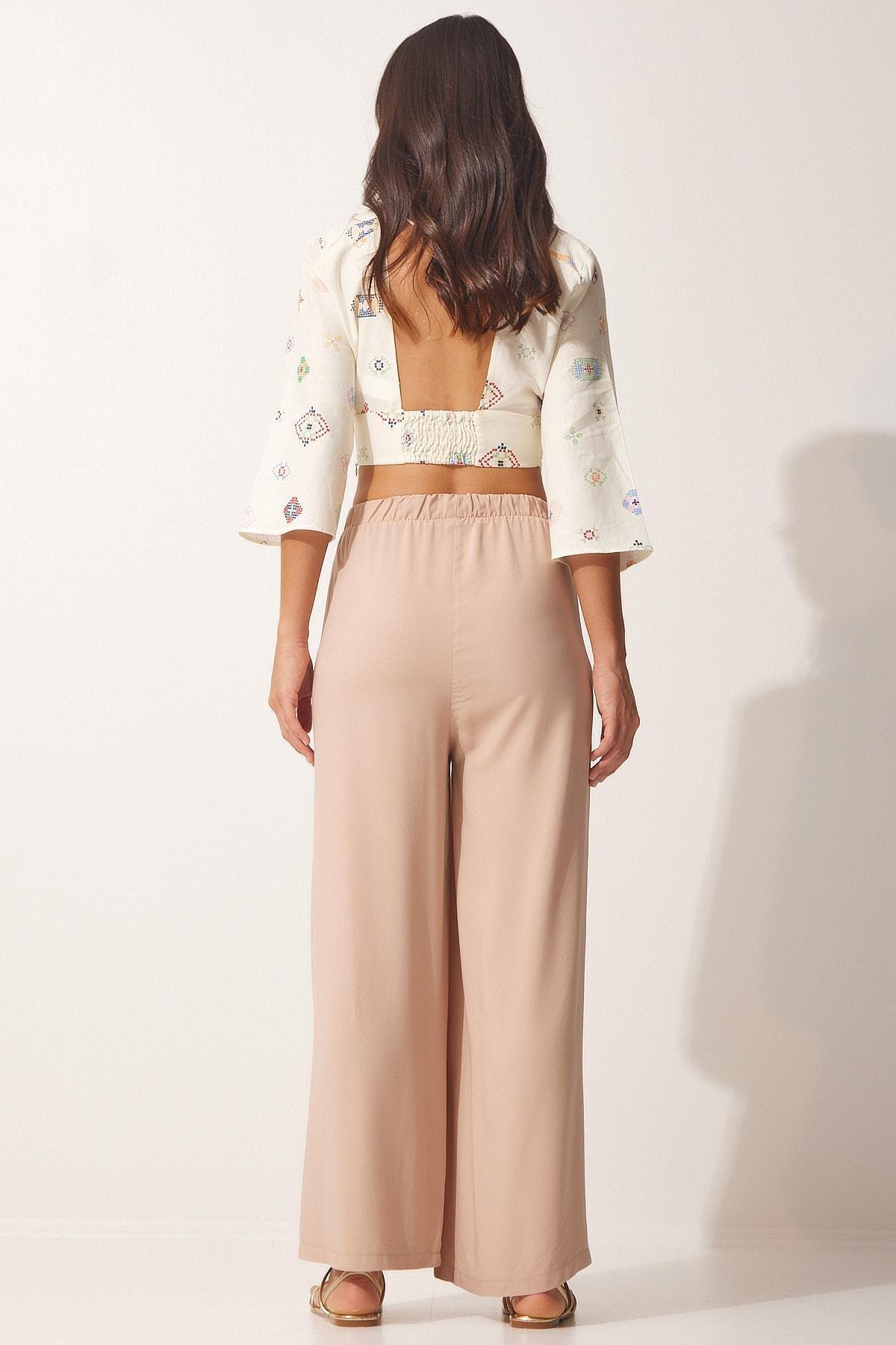 Beige Cotton Viscose Palazzo Trousers, , large image number 3