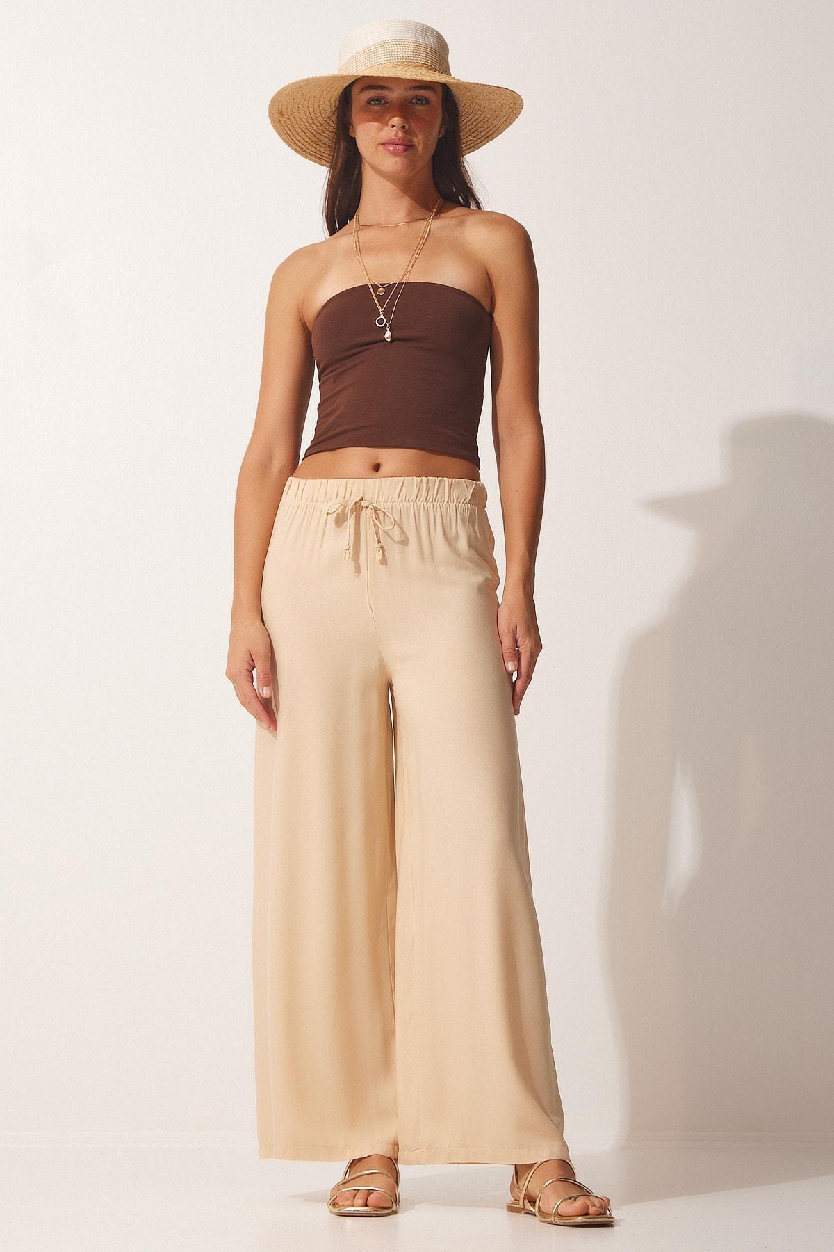 Beige Cotton Viscose Palazzo Pants, , medium