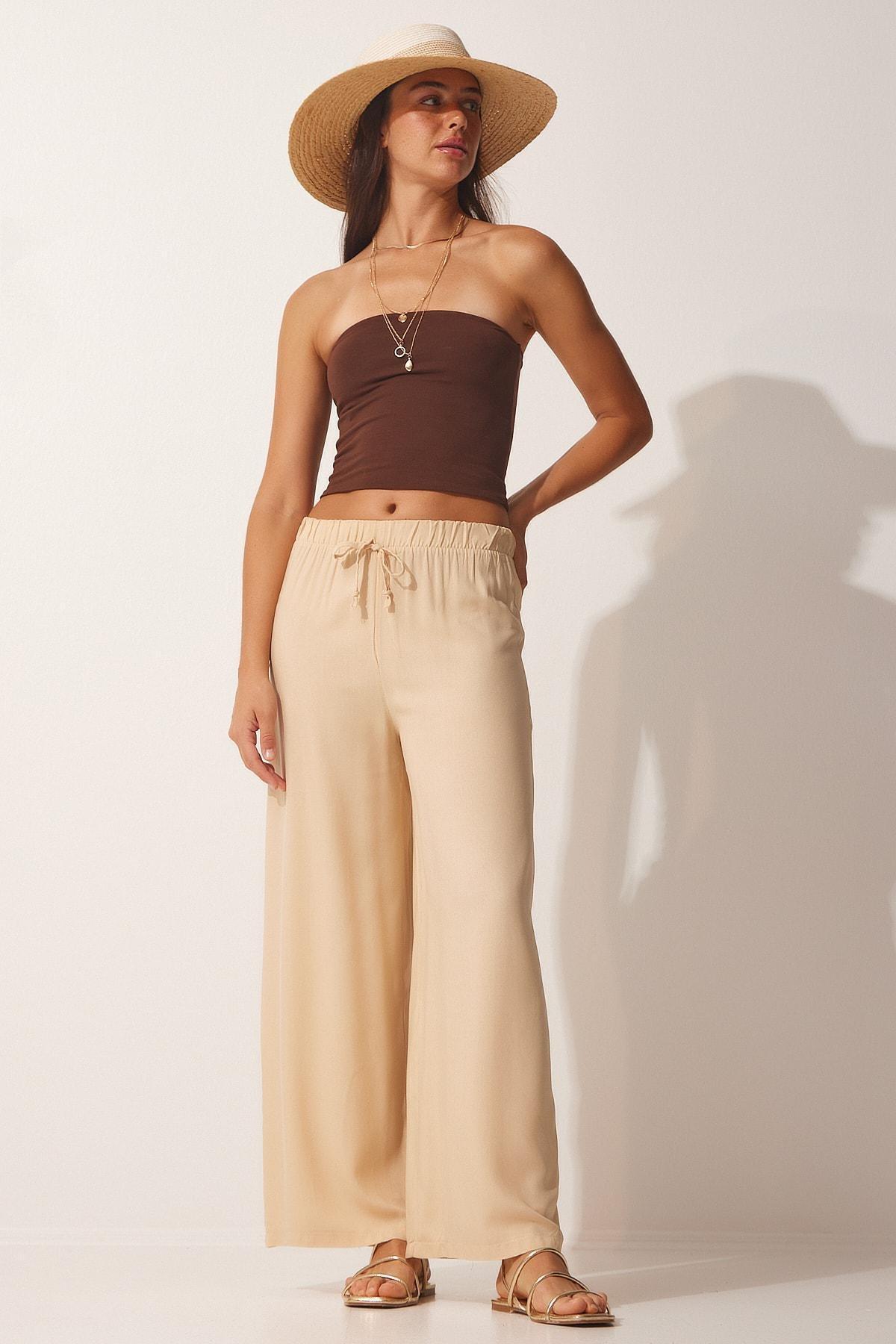 Beige Cotton Viscose Palazzo Pants, , large image number 1