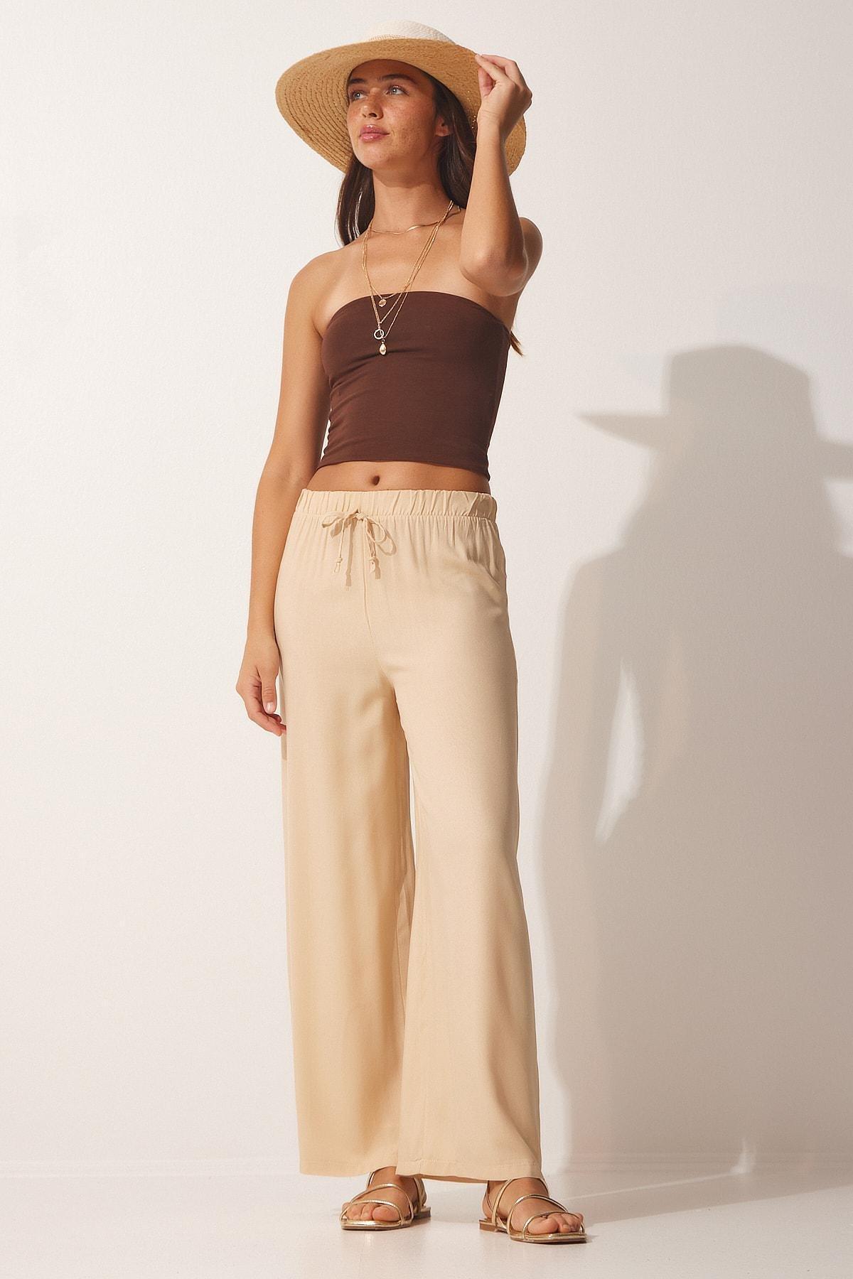 Beige Cotton Viscose Palazzo Pants, , large image number 2