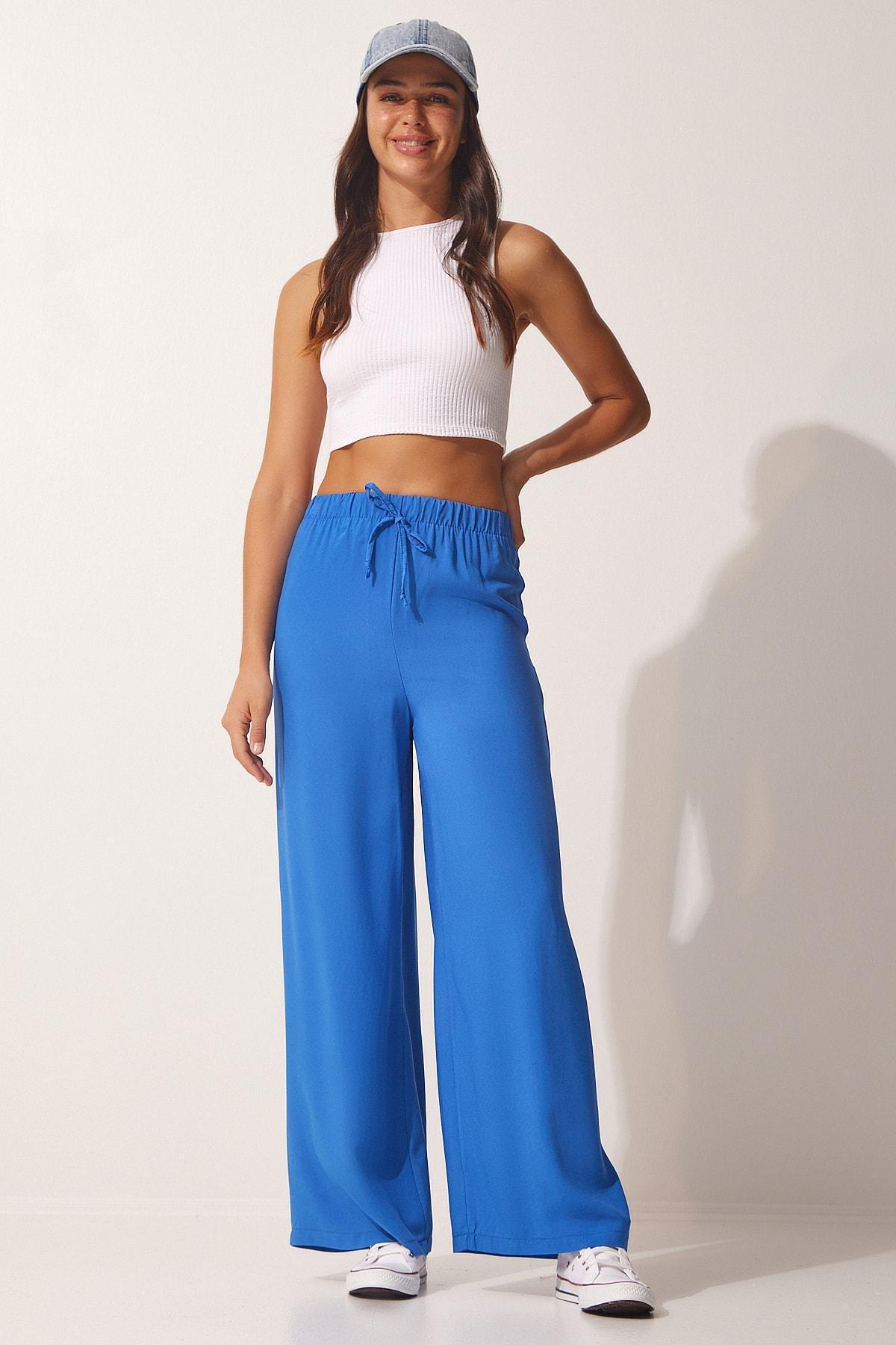 Blue Cotton Viscose Palazzo Pants, , medium