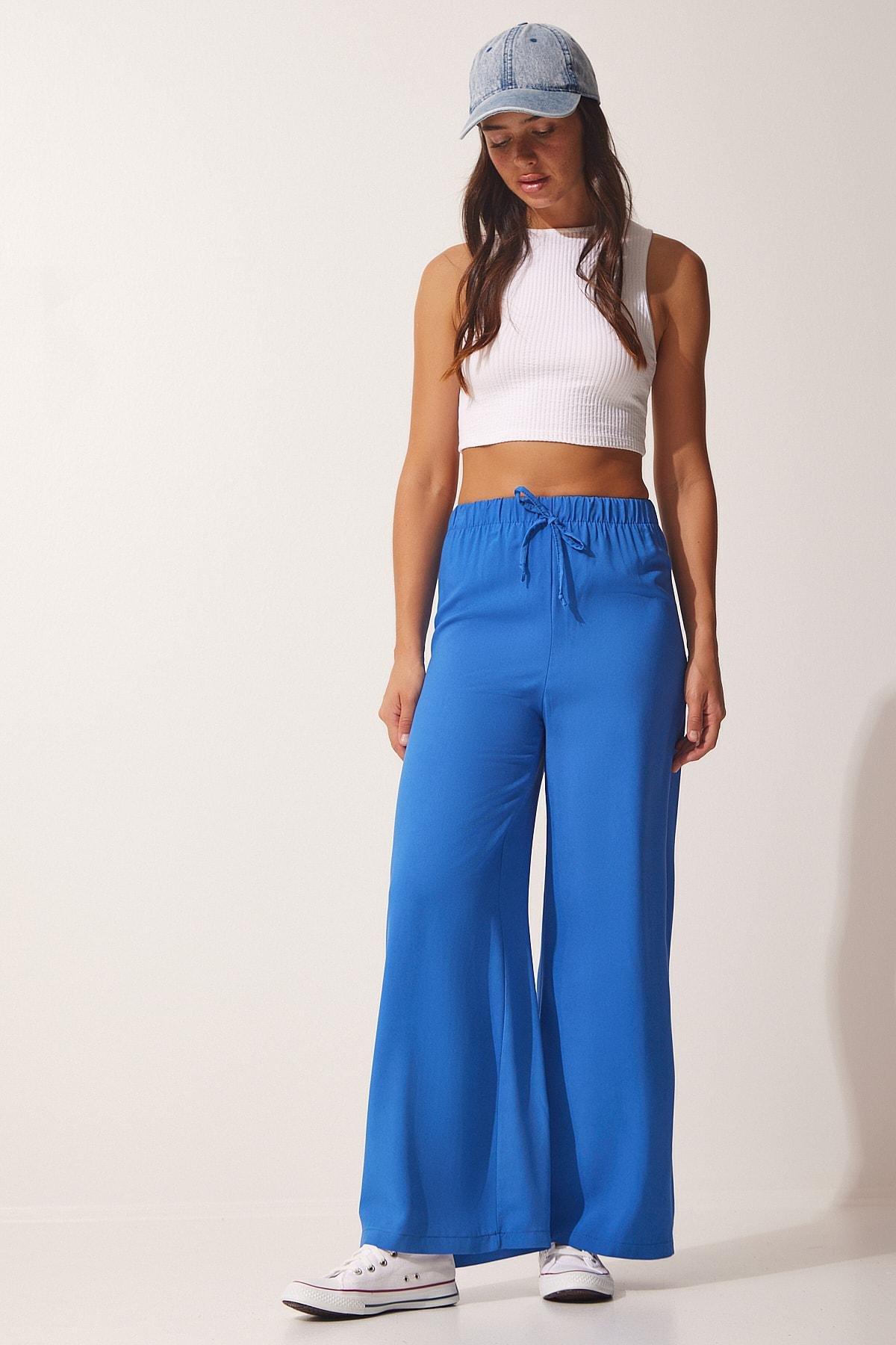 Blue Cotton Viscose Palazzo Pants, , large image number 1