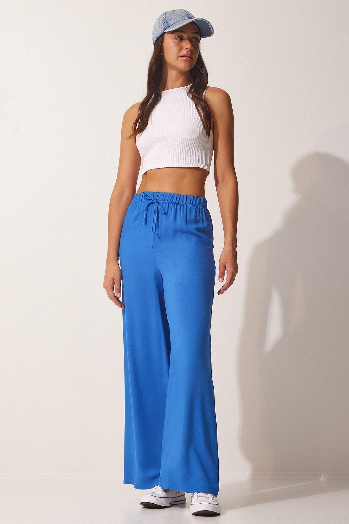 Happiness Istanbul - Blue Cotton Viscose Palazzo Pants