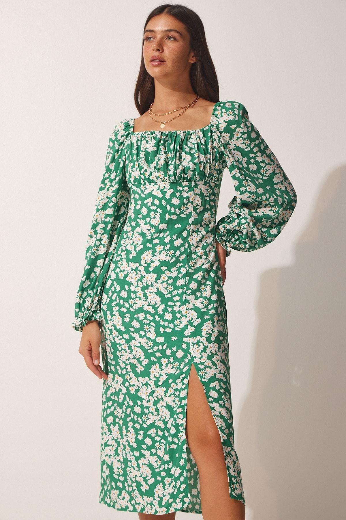 Green Patterned Viscose Woven Dress, , medium