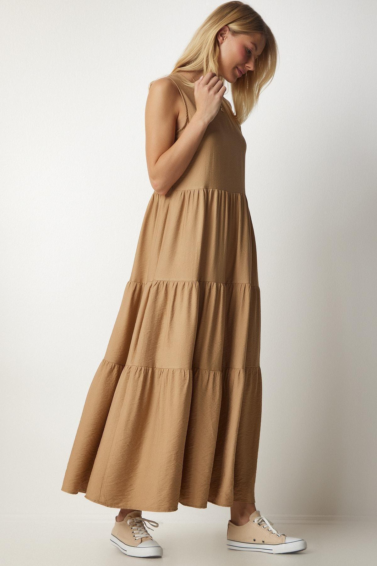 Brown Ruffle Sleeveless Knitted Dress, C101_1451, large image number 0