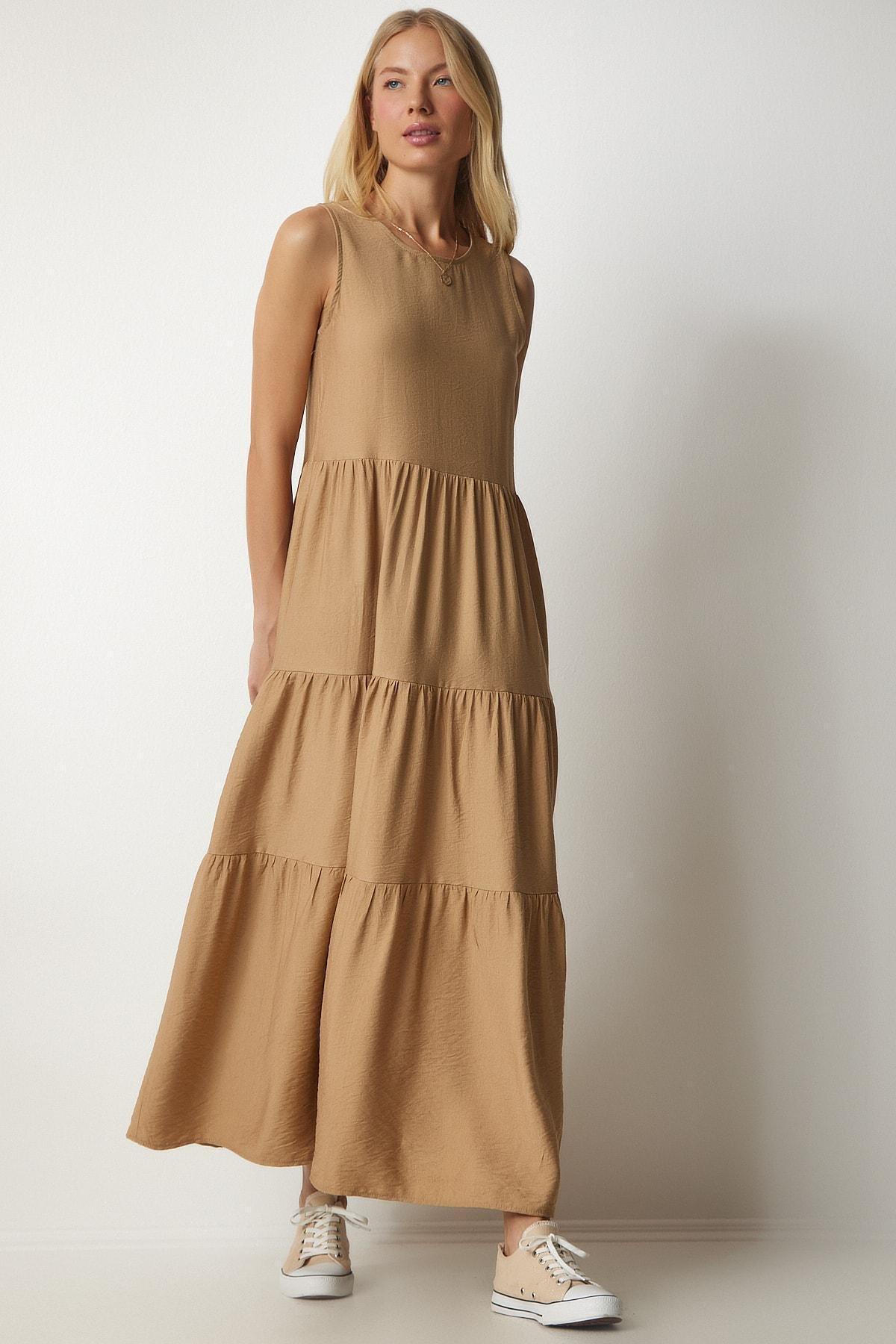 Brown Ruffle Sleeveless Knitted Dress, C101_1451, large image number 1