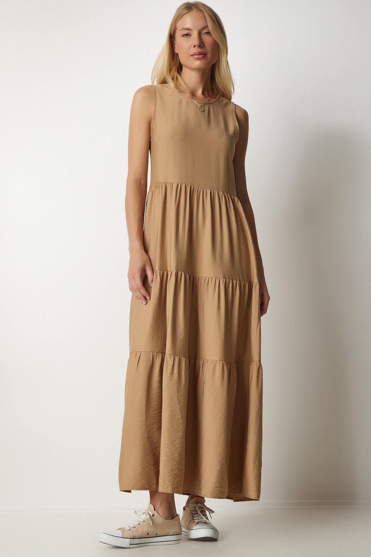 Brown Ruffle Sleeveless Knitted Dress, C101_1451, large image number 2