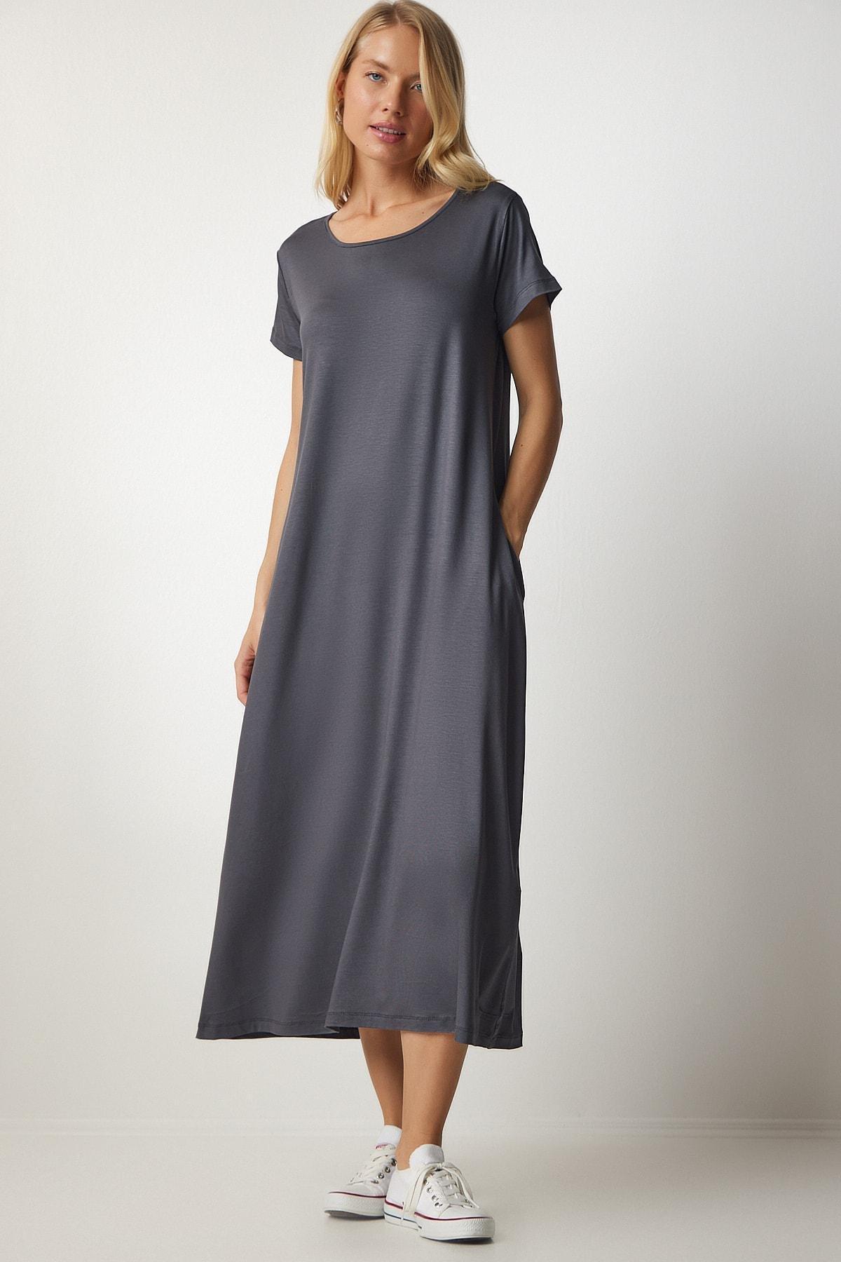 Grey Daily Pocket Combed Cotton Dress, Anthracite, large image number 0