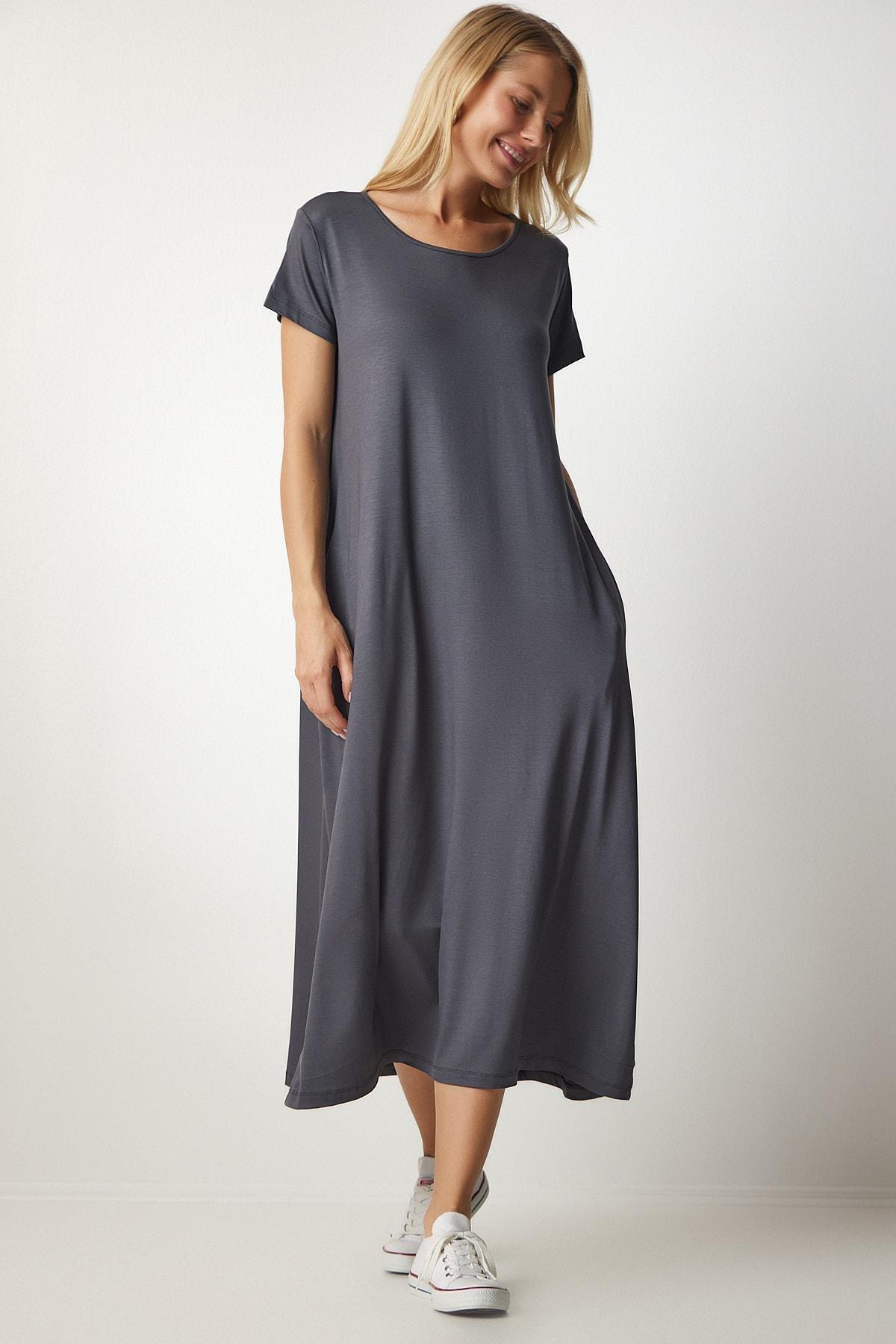 Grey Daily Pocket Combed Cotton Dress, Anthracite, large image number 1