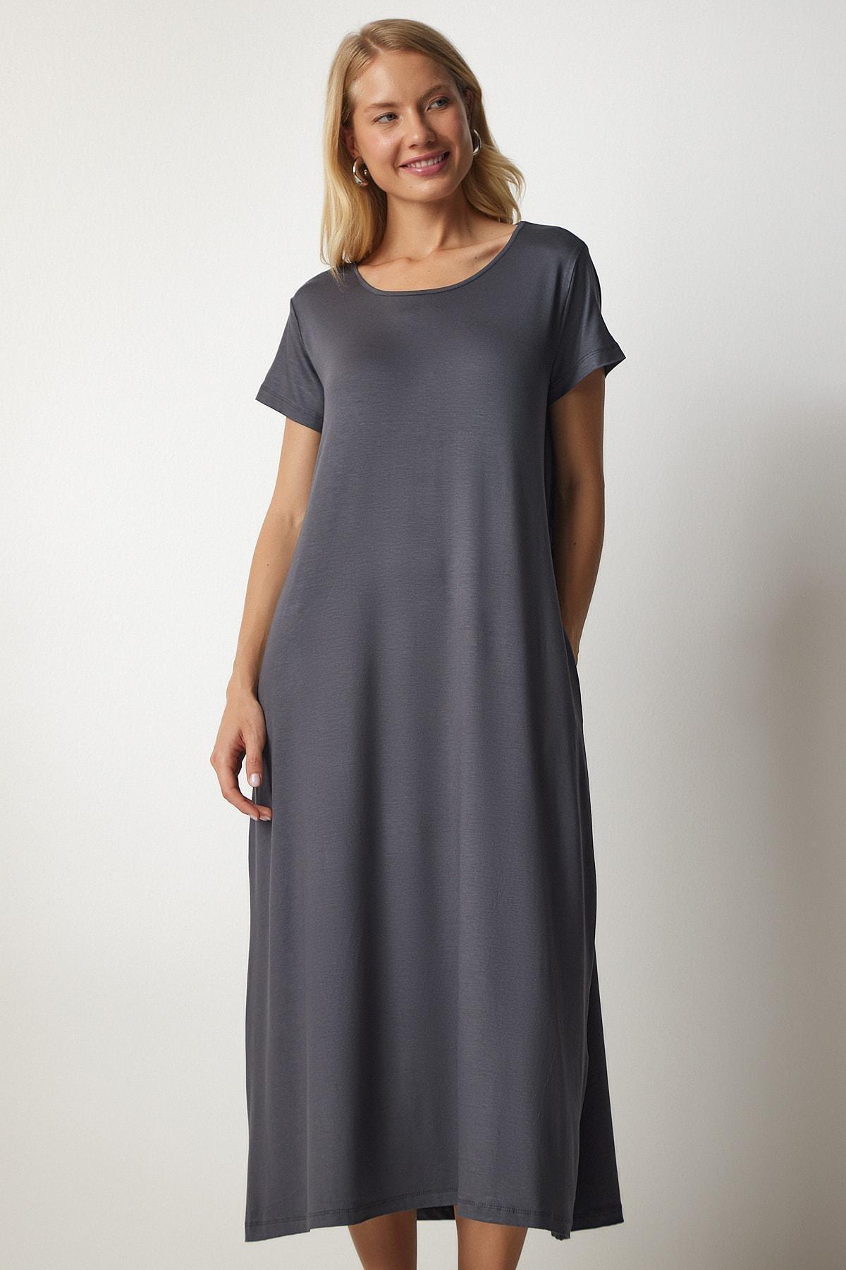 Grey Daily Pocket Combed Cotton Dress, Anthracite, large image number 2