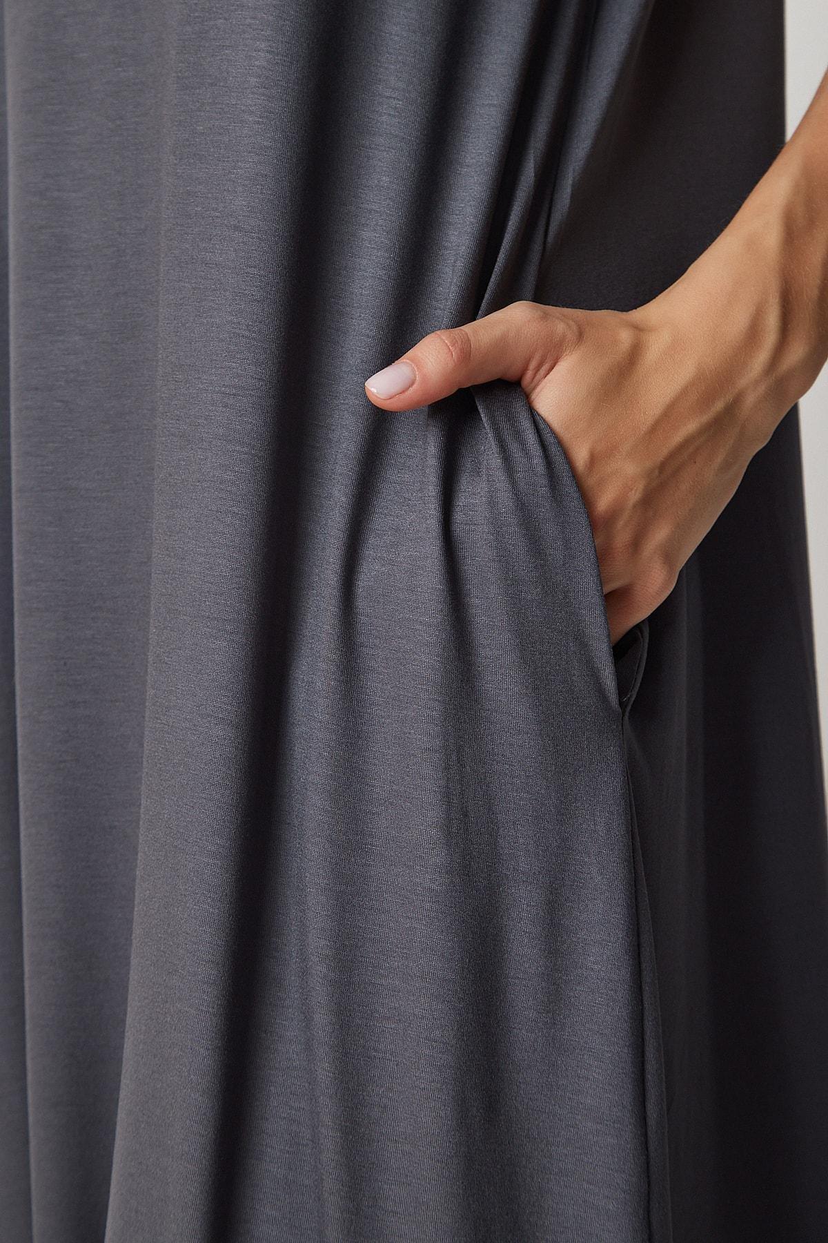 Grey Daily Pocket Combed Cotton Dress, Anthracite, large image number 3