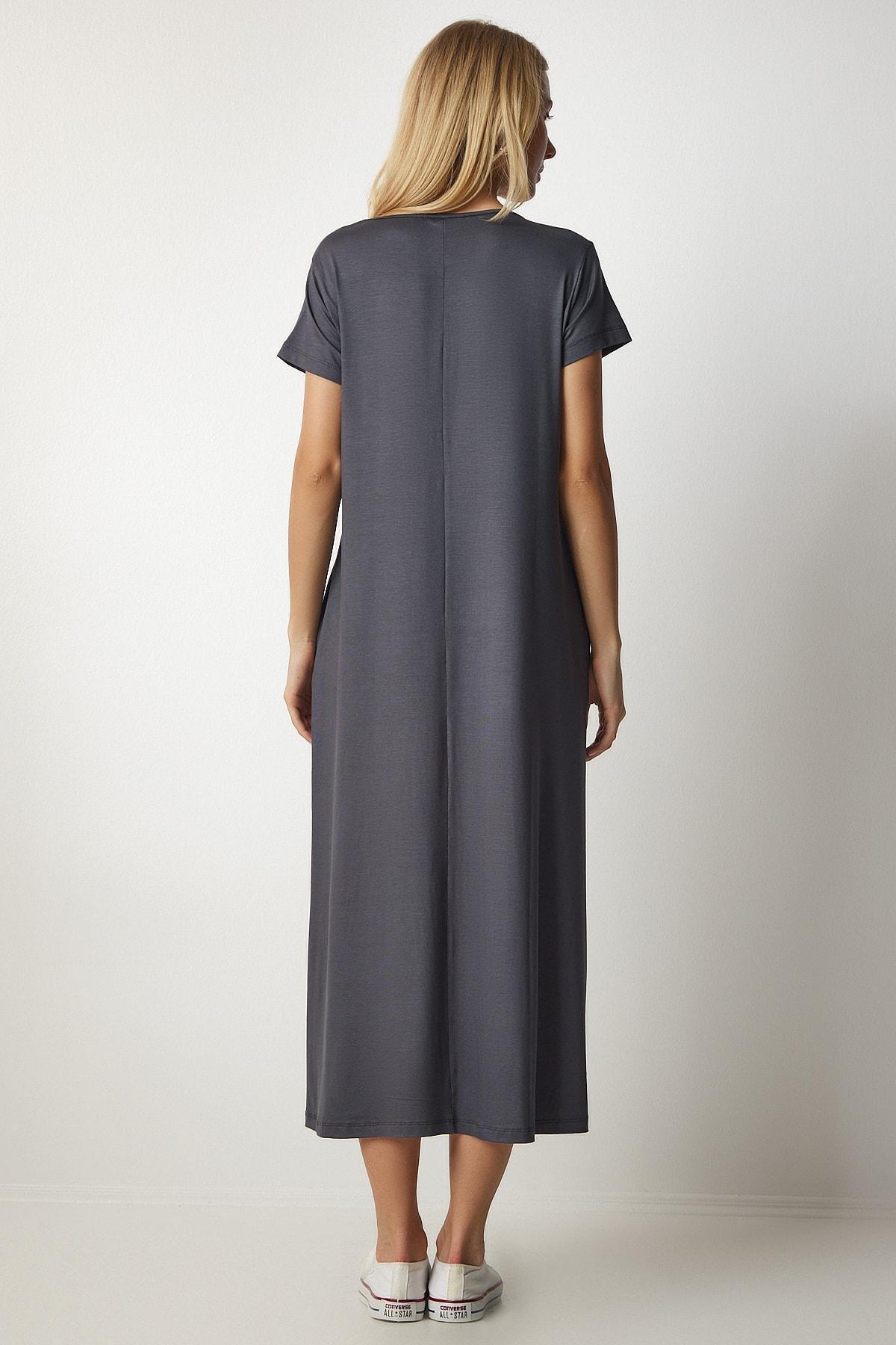 Grey Daily Pocket Combed Cotton Dress, Anthracite, large image number 4