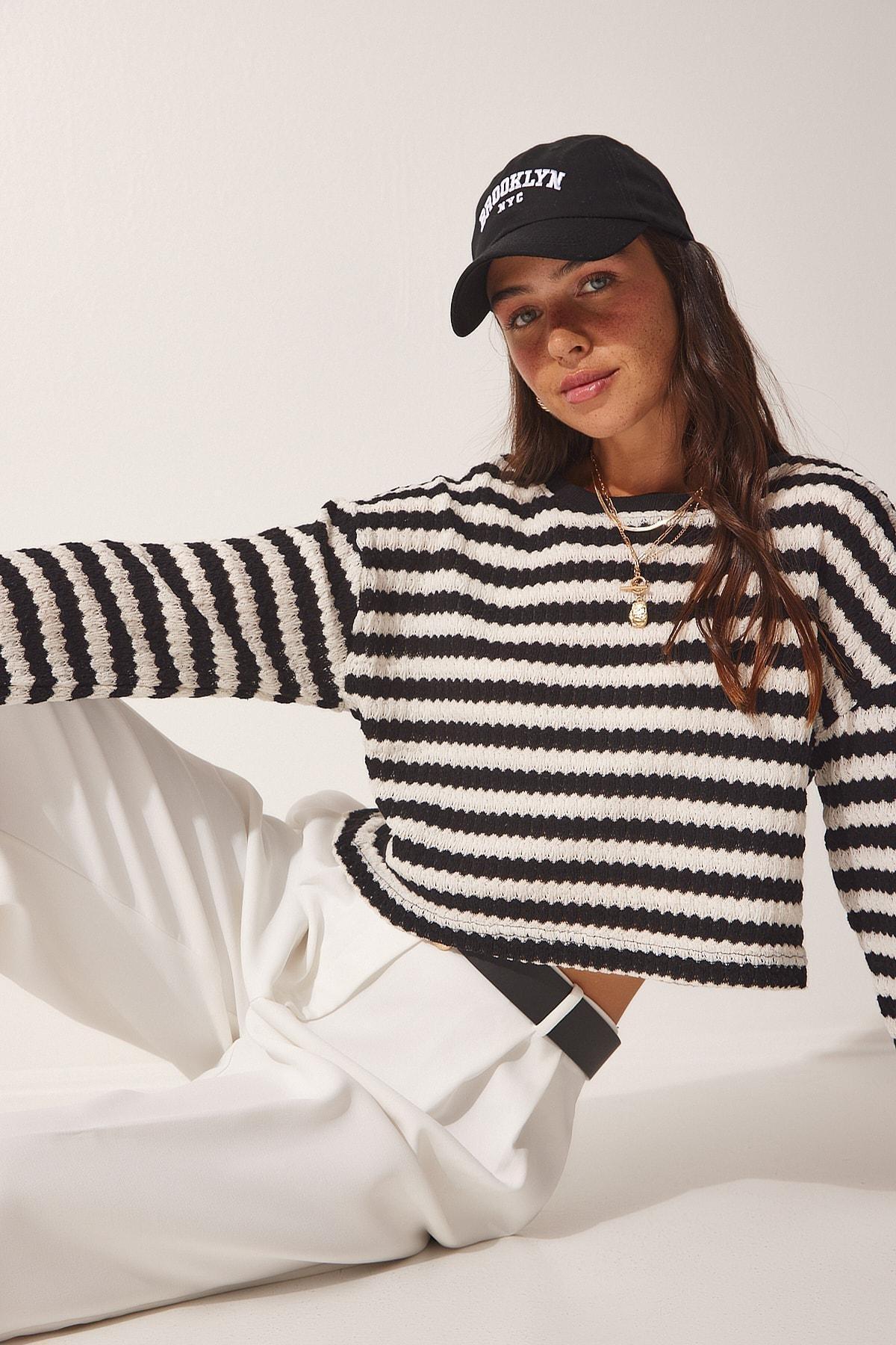Black Striped Crochet Knitwear Sweater, , large image number 0
