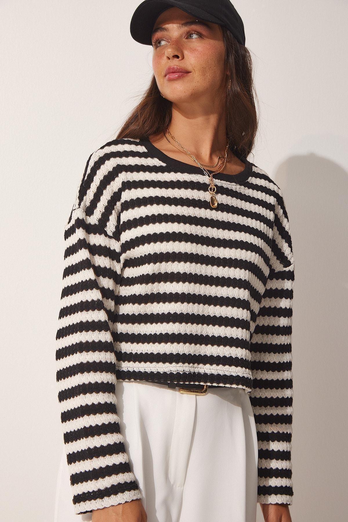 Black Striped Crochet Knitwear Sweater, , large image number 1