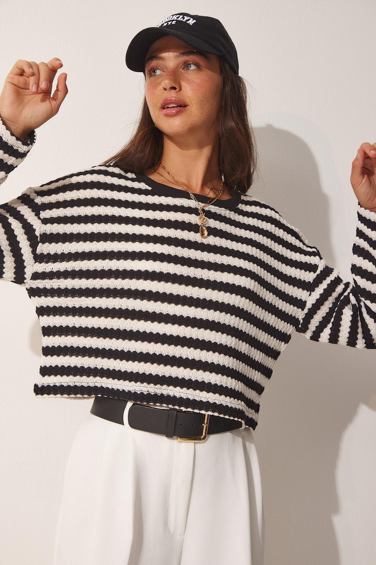 Black Striped Crochet Knitwear Sweater, , large image number 2