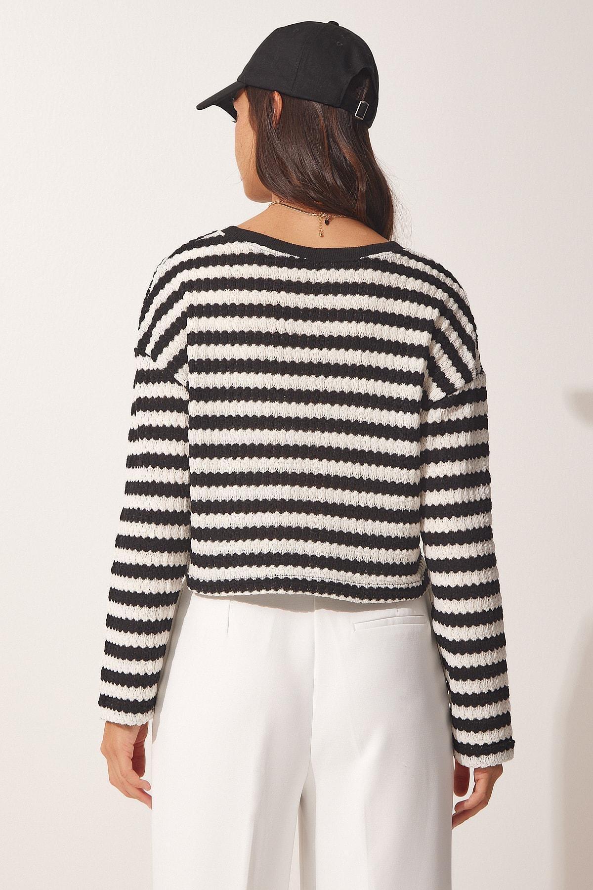 Black Striped Crochet Knitwear Sweater, , large image number 3