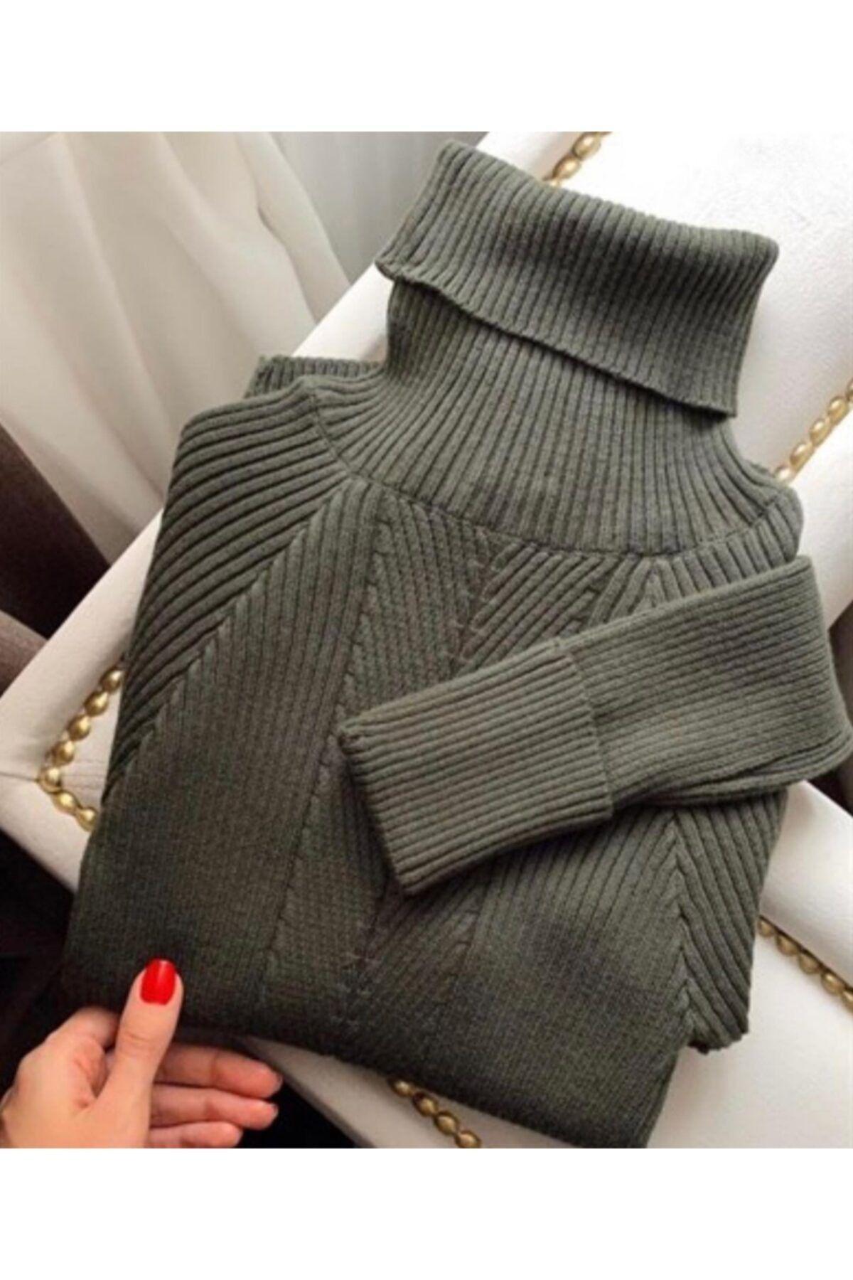 Khaki Zippered Turtleneck Knitwear Sweater, Khaki, large image number 3