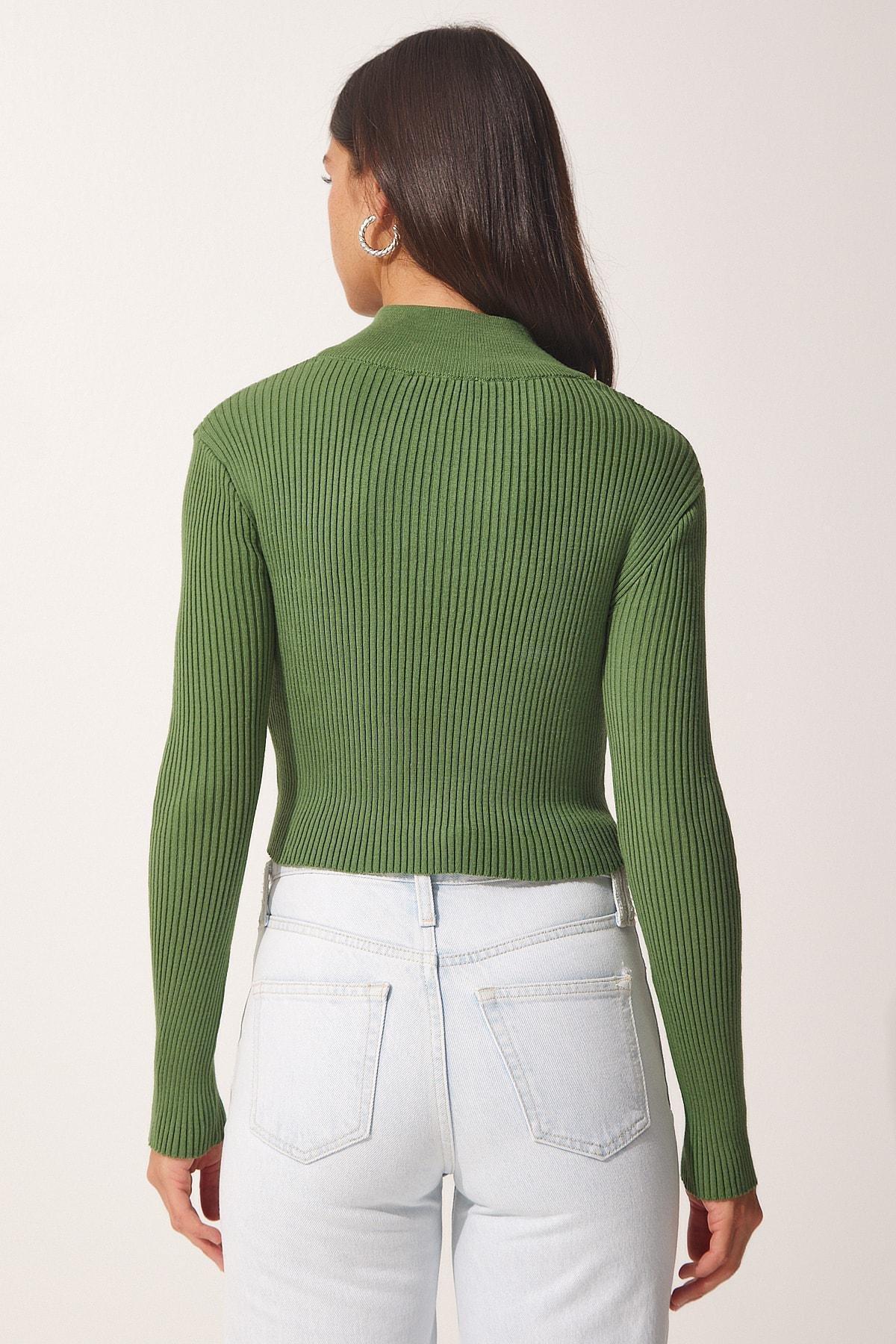 Khaki Zippered Turtleneck Knitwear Sweater, Khaki, large image number 4