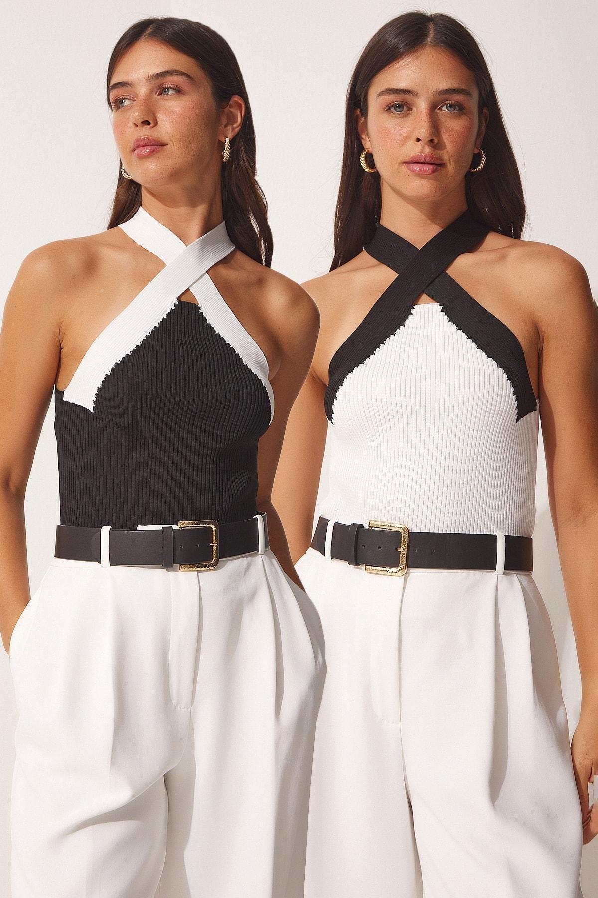 Multicolour Halter Neck Crop Knitwear Blouse, Set Of 2, BLACK WHITE, large image number 0