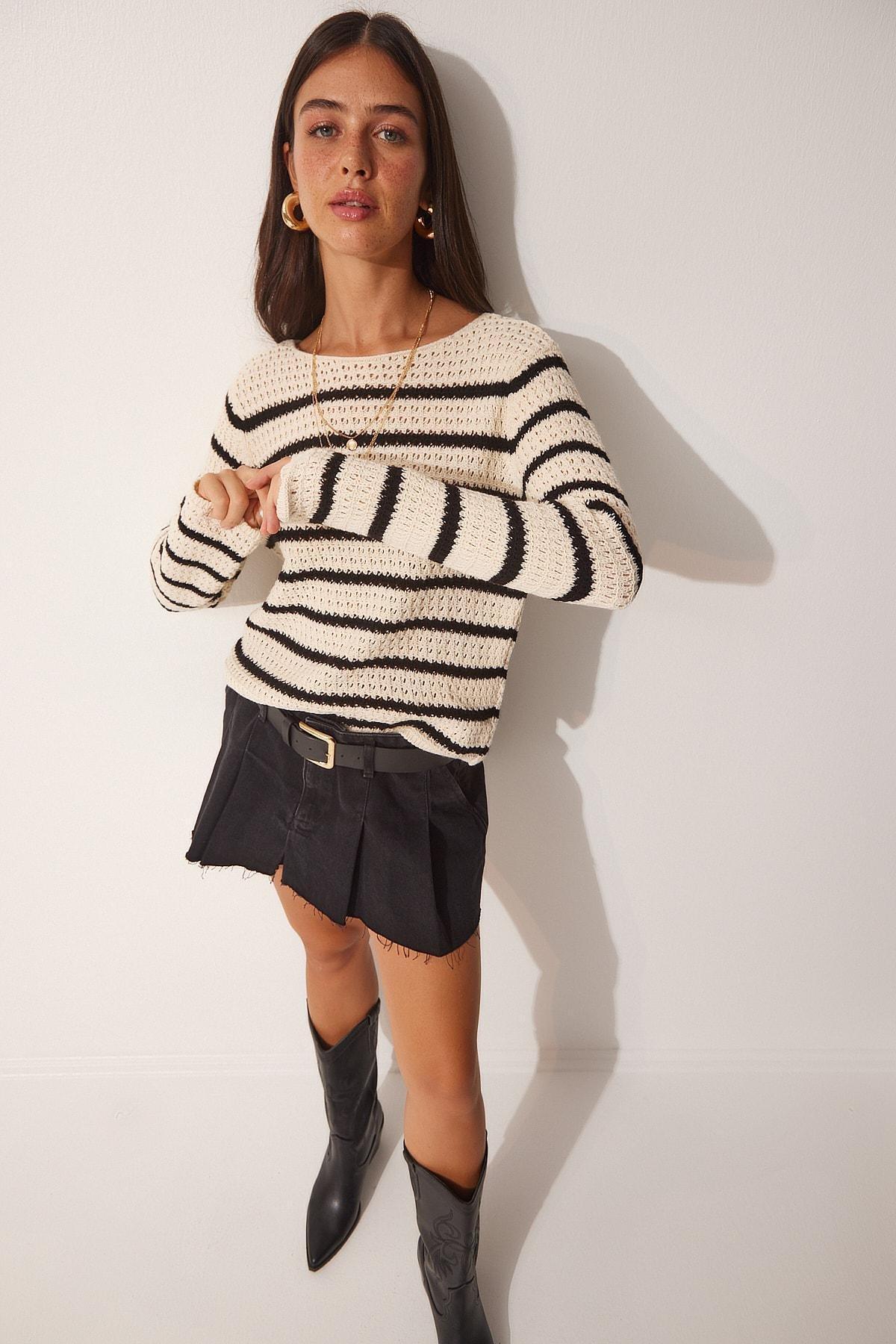Cream Striped Openwork Knitwear Sweater, , large image number 0