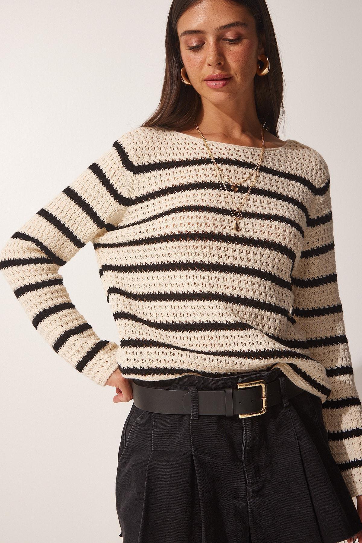 Cream Striped Openwork Knitwear Sweater, , large image number 2