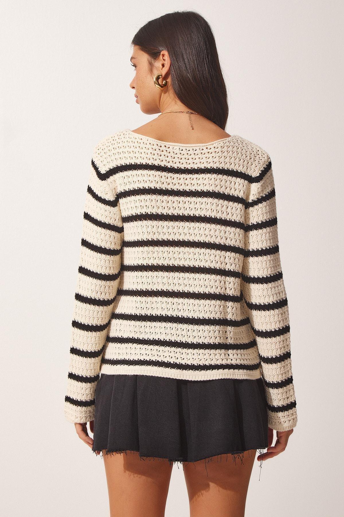 Cream Striped Openwork Knitwear Sweater, , large image number 5