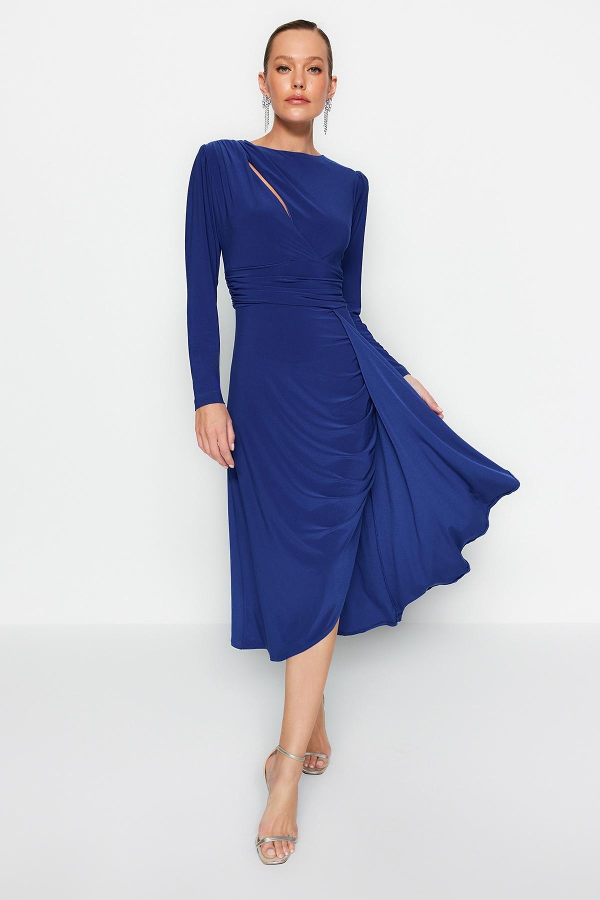 Blue Detailed Fitted Occasion Wear Dress, , large image number 0