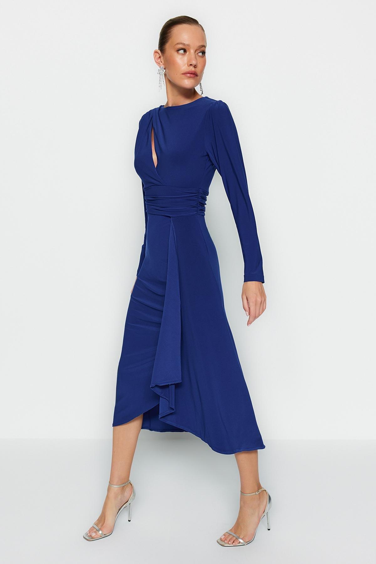 Blue Detailed Fitted Occasion Wear Dress, , large image number 1