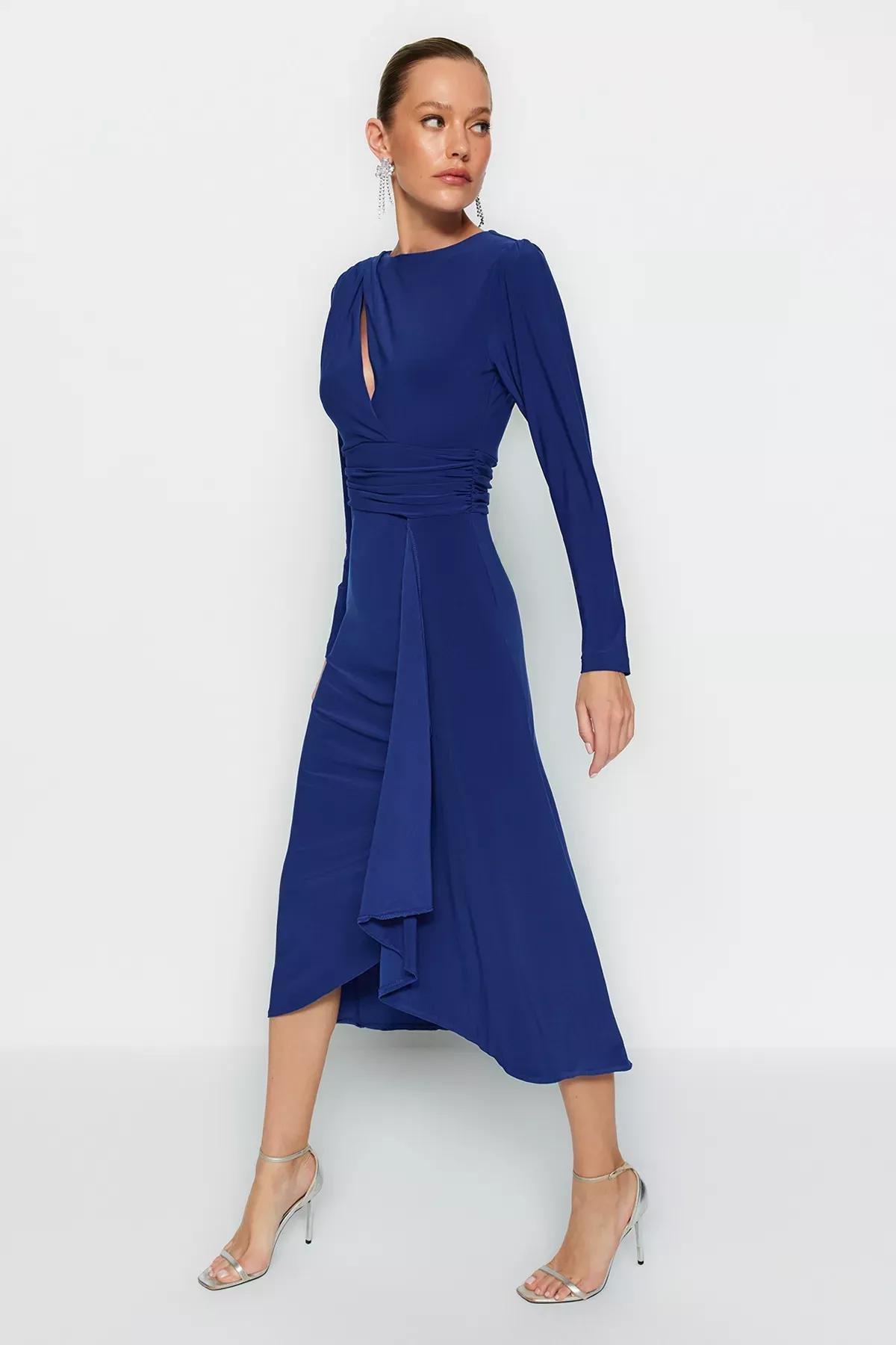 Blue Detailed Fitted Occasion Wear Dress, , large image number 1