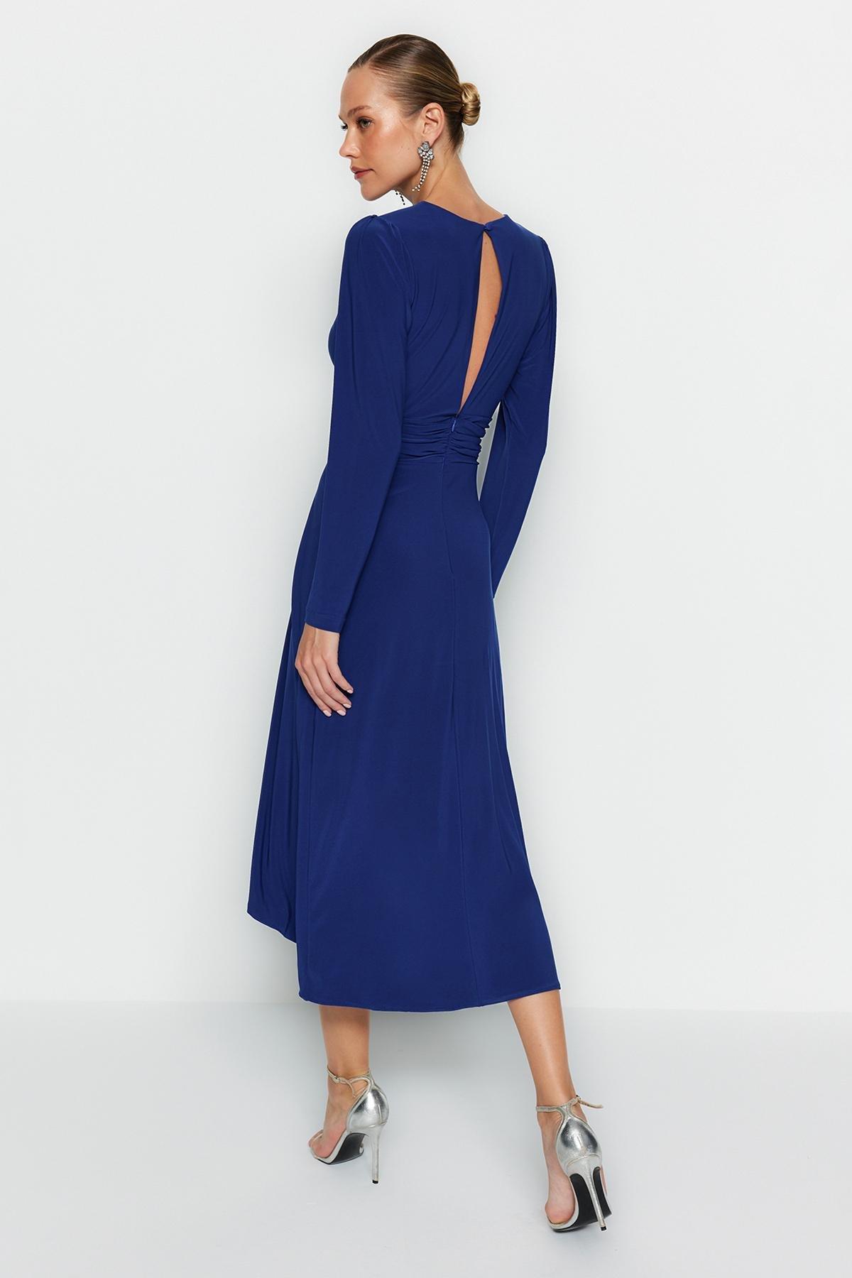 Blue Detailed Fitted Occasion Wear Dress, , large image number 3