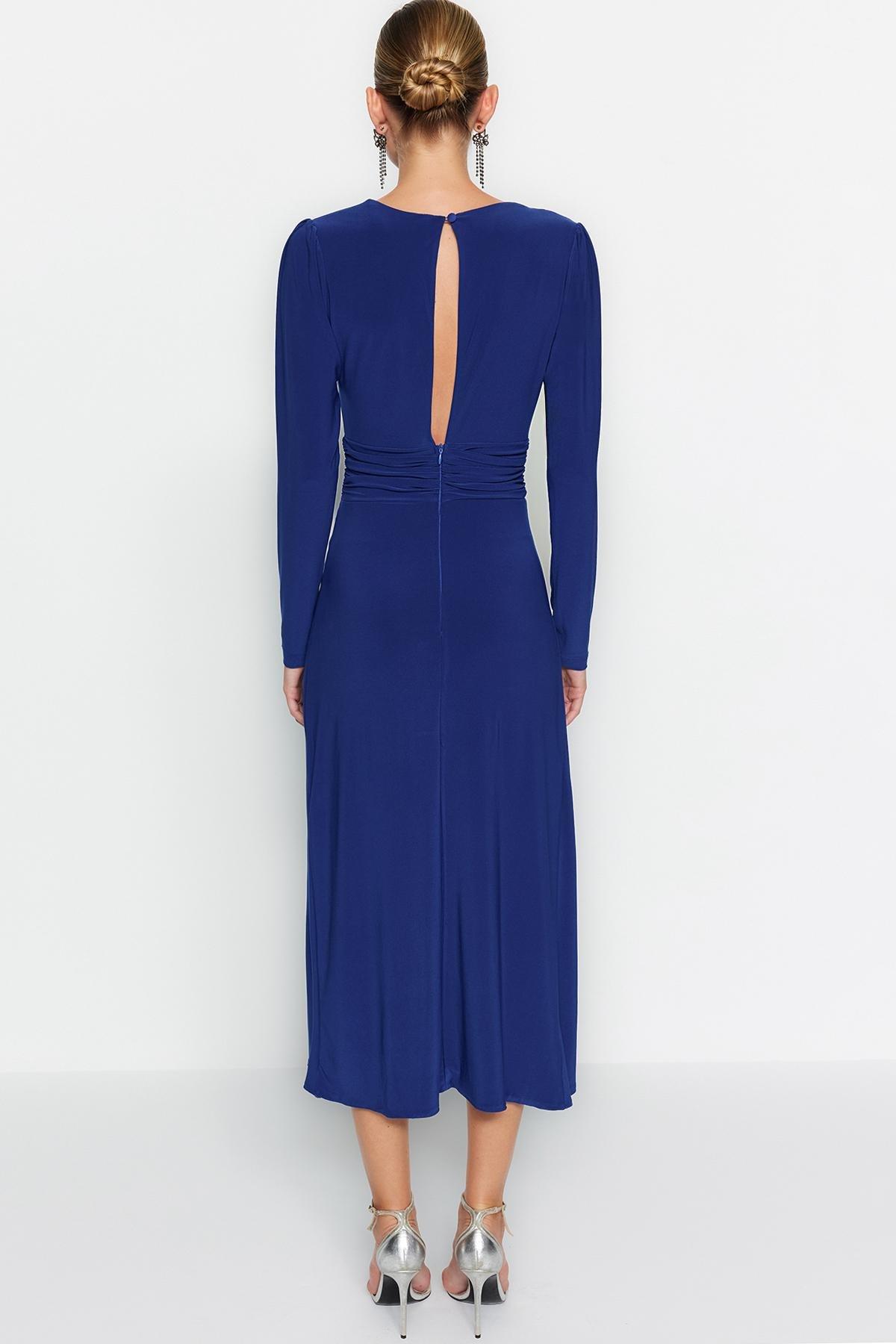 Blue Detailed Fitted Occasion Wear Dress, , large image number 6