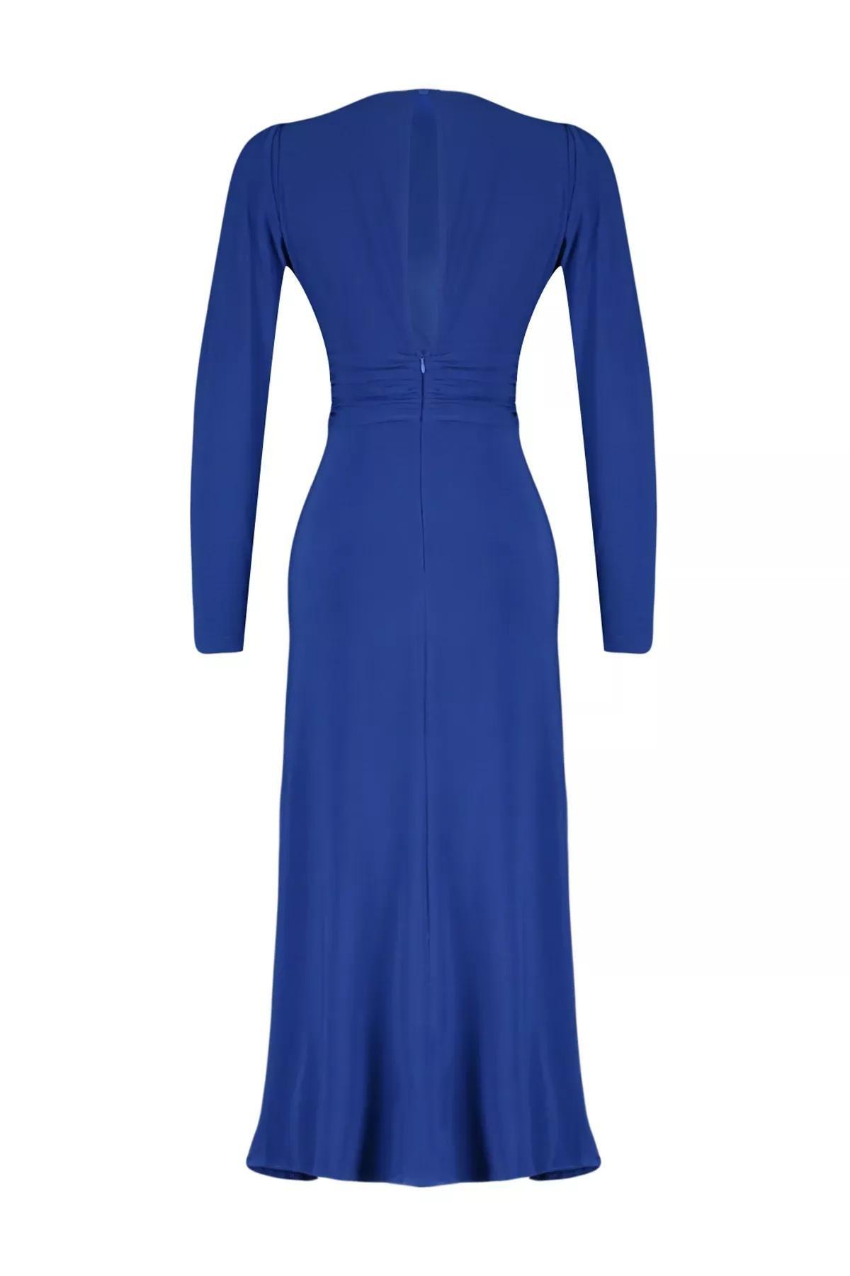 Blue Detailed Fitted Occasion Wear Dress, , large image number 6