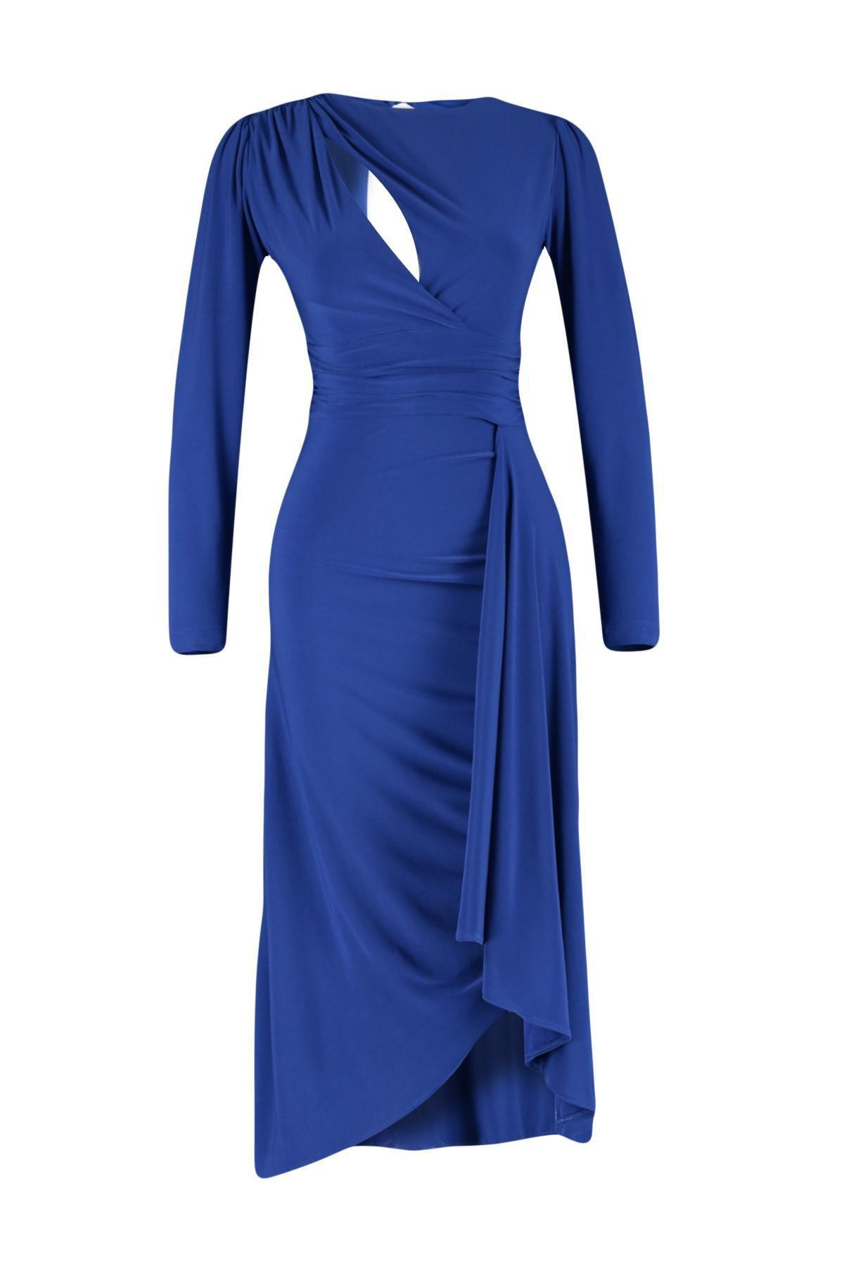 Blue Detailed Fitted Occasion Wear Dress, , large image number 7