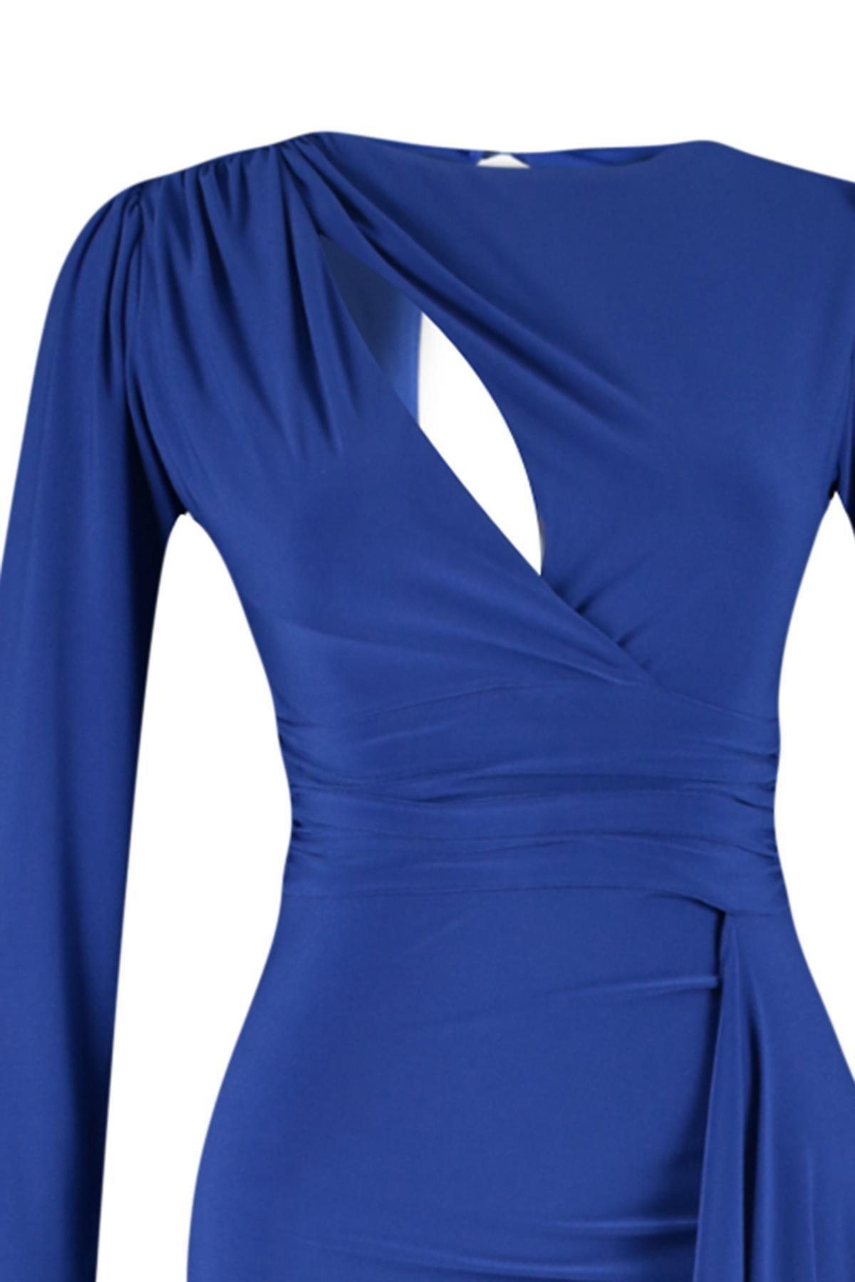 Blue Detailed Fitted Occasion Wear Dress, , large image number 8