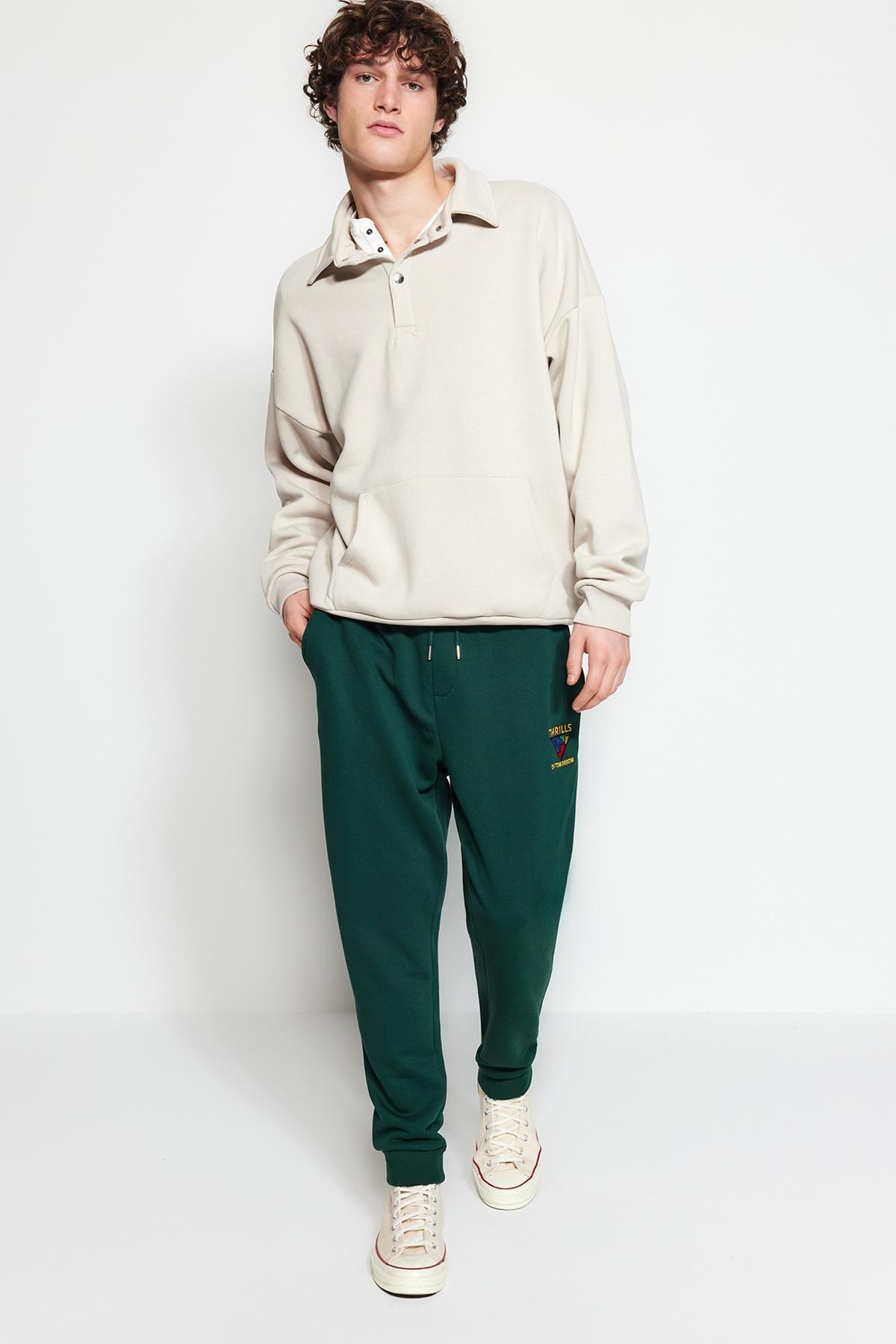 Green Embroidered Elastic Cuff Sweatpants, , large image number 1
