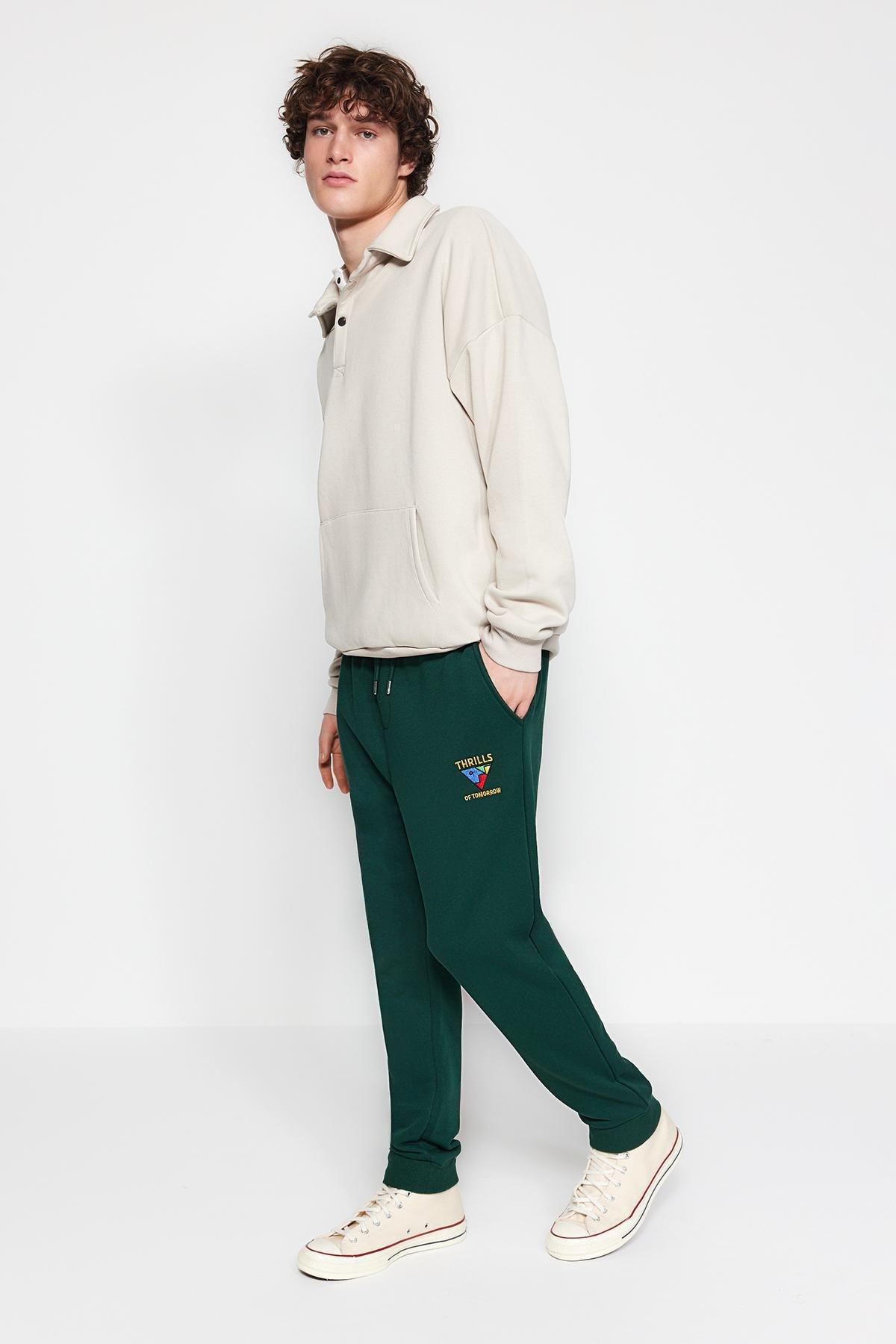 Green Embroidered Elastic Cuff Sweatpants, , large image number 4