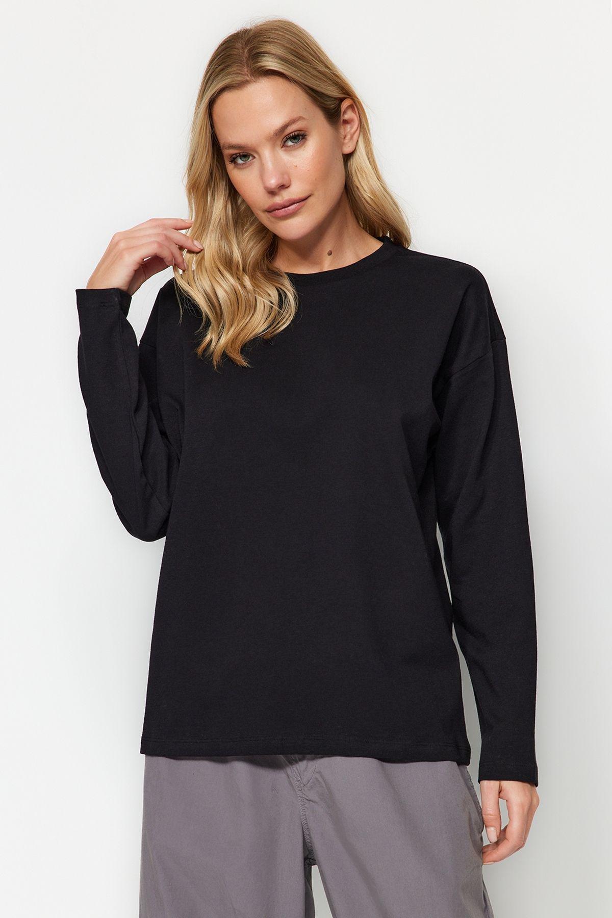 Black 100% Cotton Basic Crew Neck Long Sleeve Regular Fit Knitted T-Shirt TWOAW24TS00013, Single item, , large image number 0