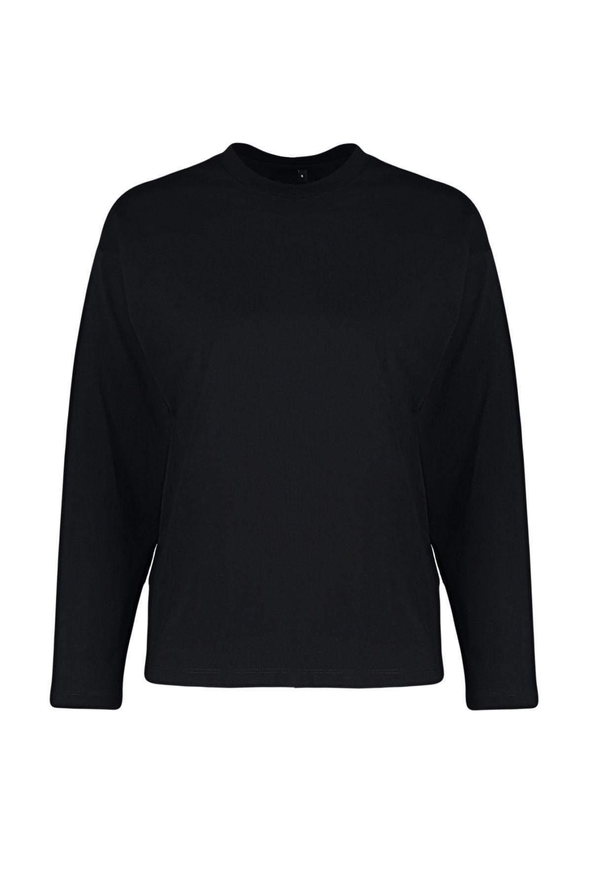 Black 100% Cotton Basic Crew Neck Long Sleeve Regular Fit Knitted T-Shirt TWOAW24TS00013, Single item, , large image number 1