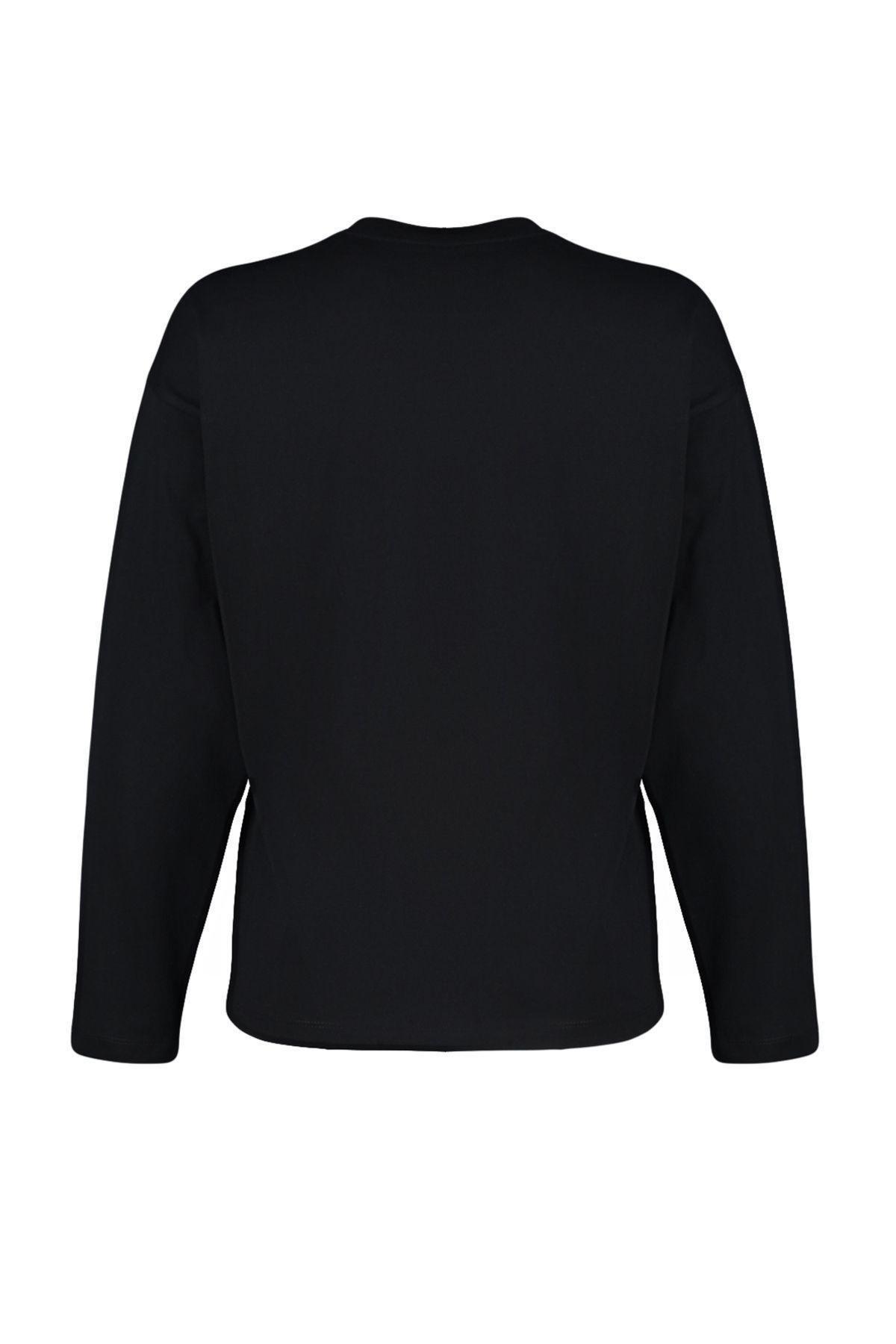 Black 100% Cotton Basic Crew Neck Long Sleeve Regular Fit Knitted T-Shirt TWOAW24TS00013, Single item, , large image number 3