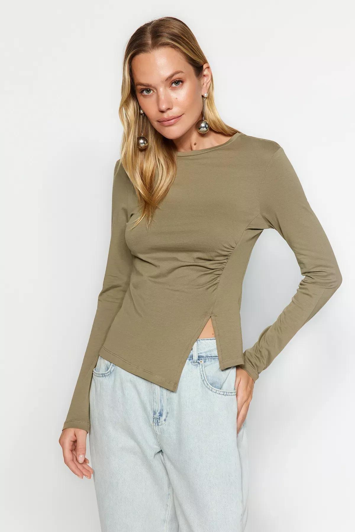 Trendyol Khaki Detailed Crew Neck Knitted Blouse Azadea Lebanon