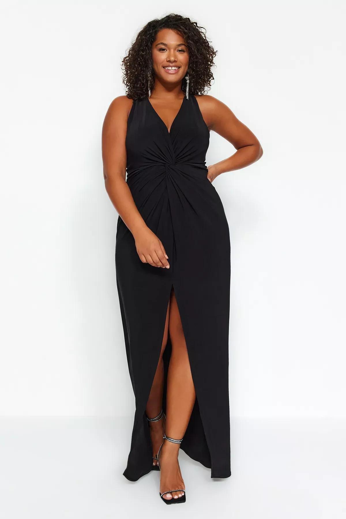 Black Twisted Detailed Knitted Dress, BLACK, large image number 0