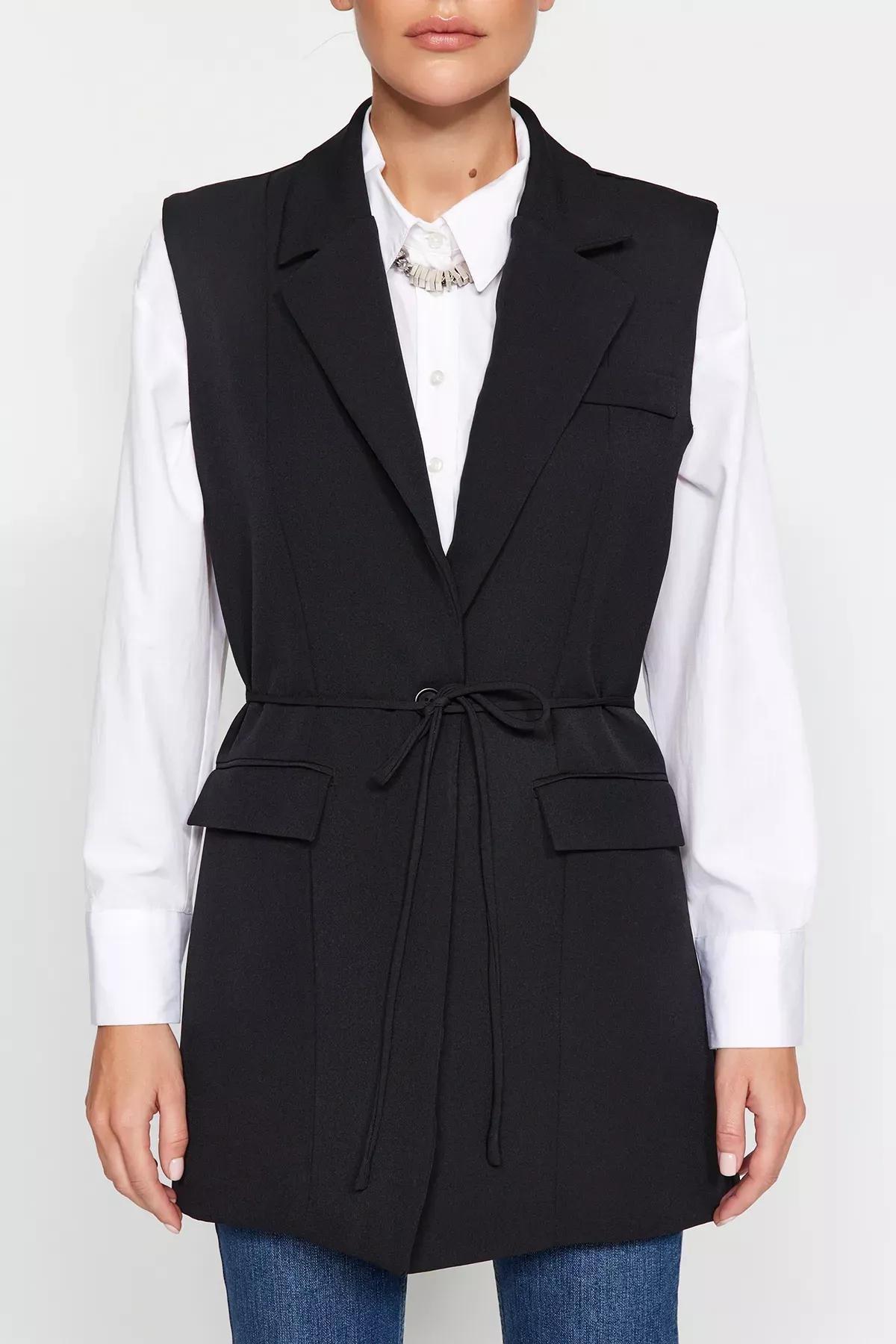 Black Collared Detailed Vest, BLACK, large image number 3