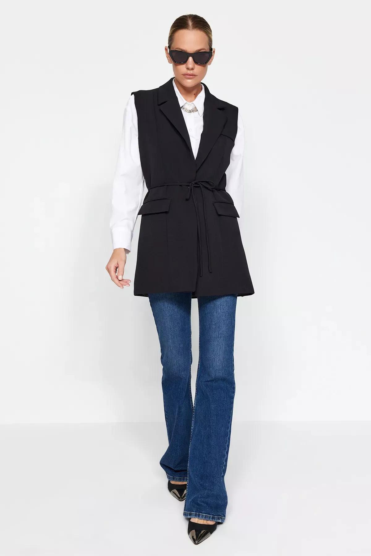 Black Collared Detailed Vest, BLACK, large image number 5