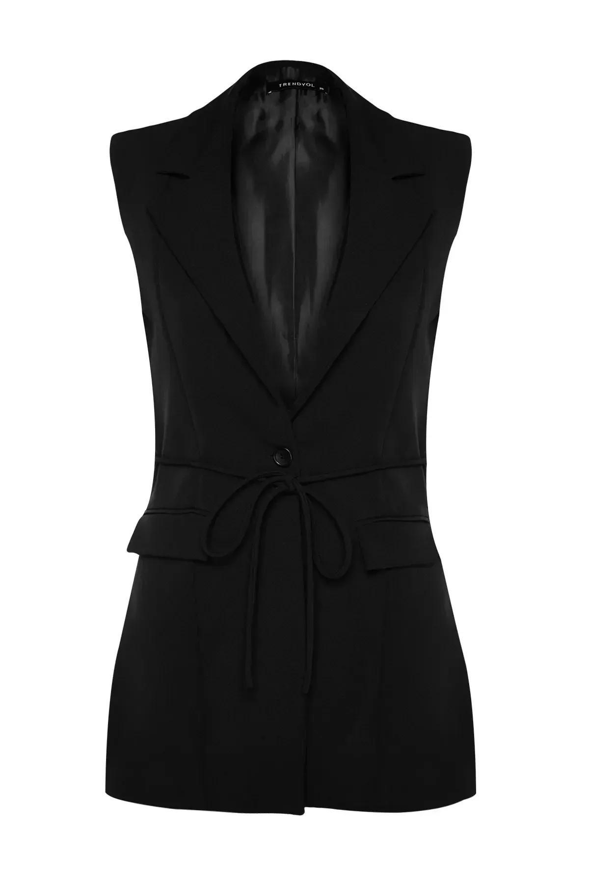 Black Collared Detailed Vest, BLACK, large image number 6