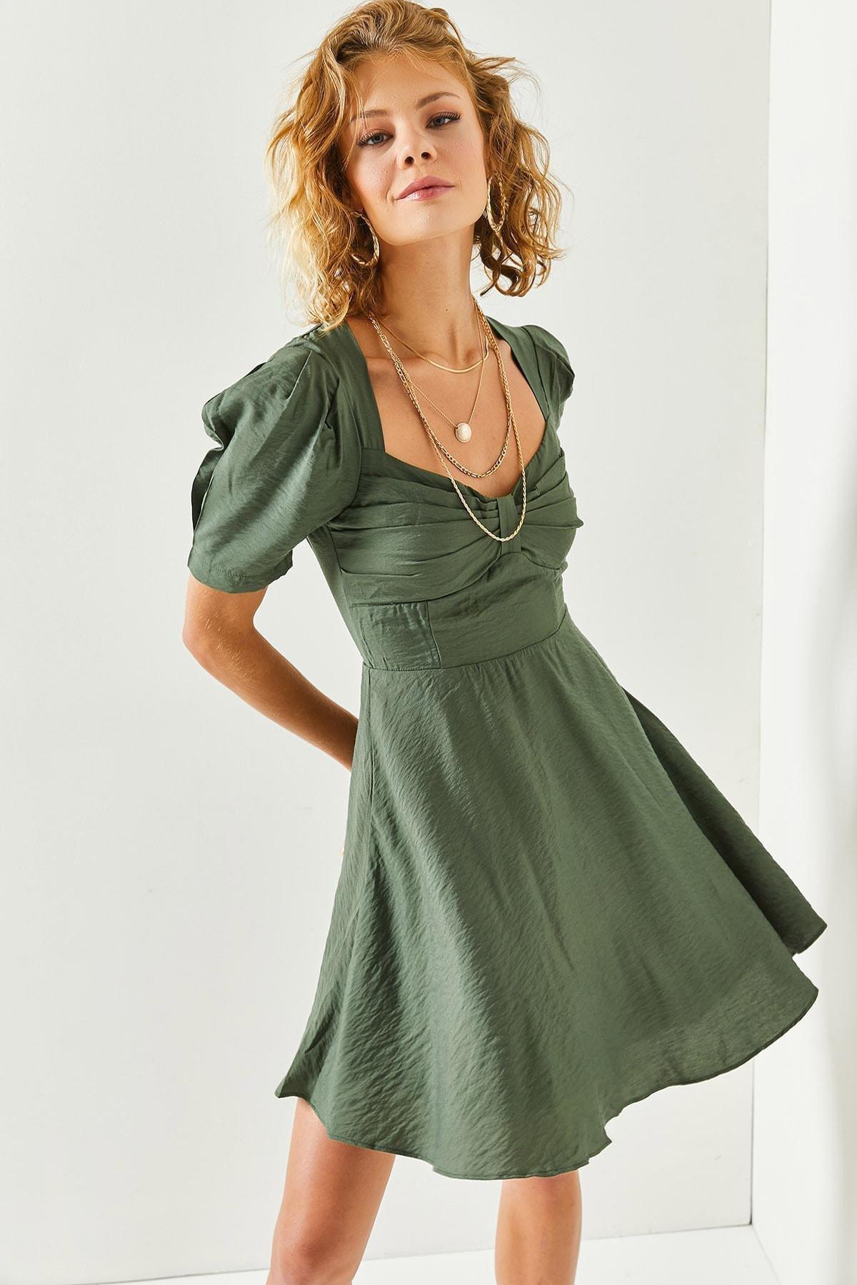 Khaki Robe Detailed Flared Woven Dress, Khaki, large image number 0