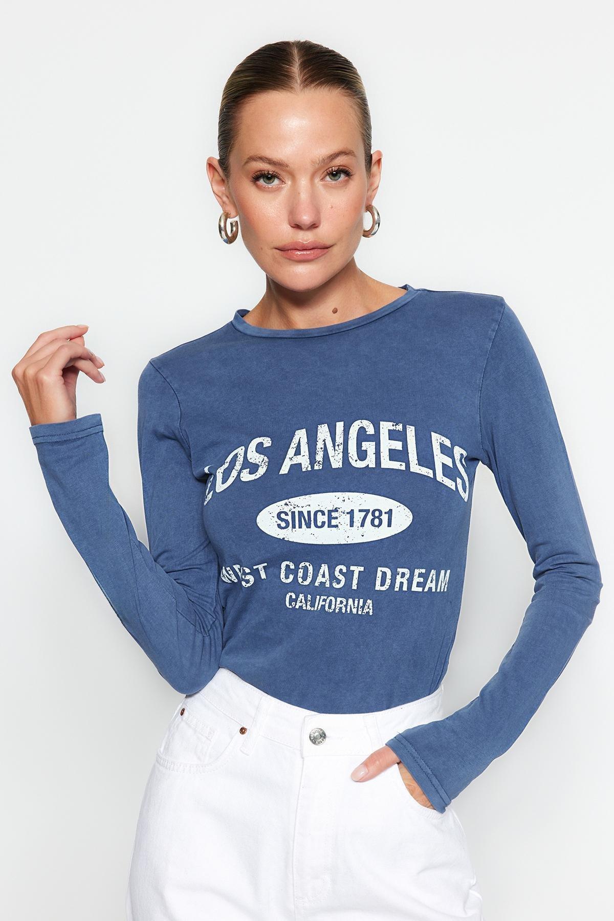 Blue Printed Crew Neck Knitted T-Shirt, Indigo, large image number 0