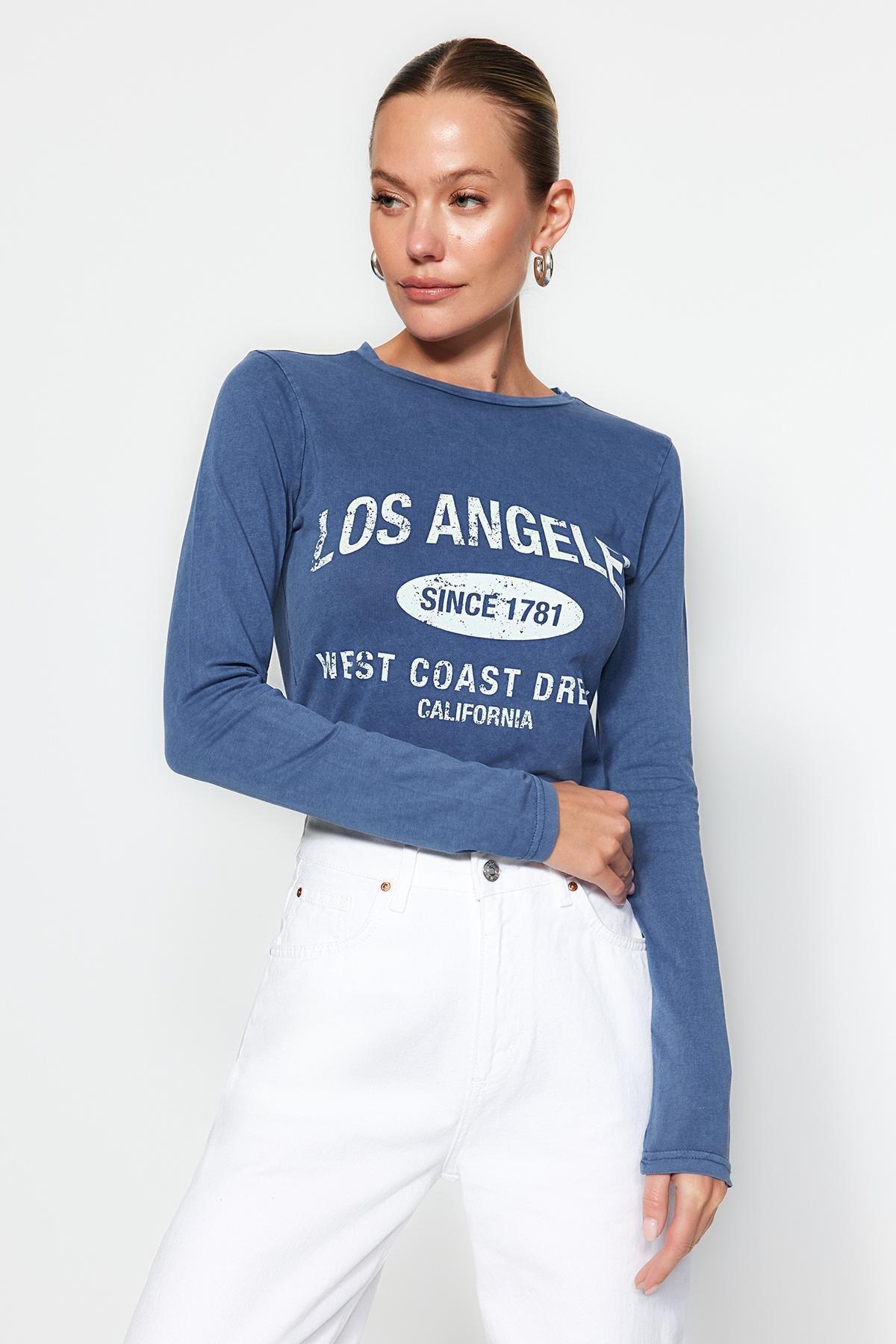 Blue Printed Crew Neck Knitted T-Shirt, Indigo, large image number 1