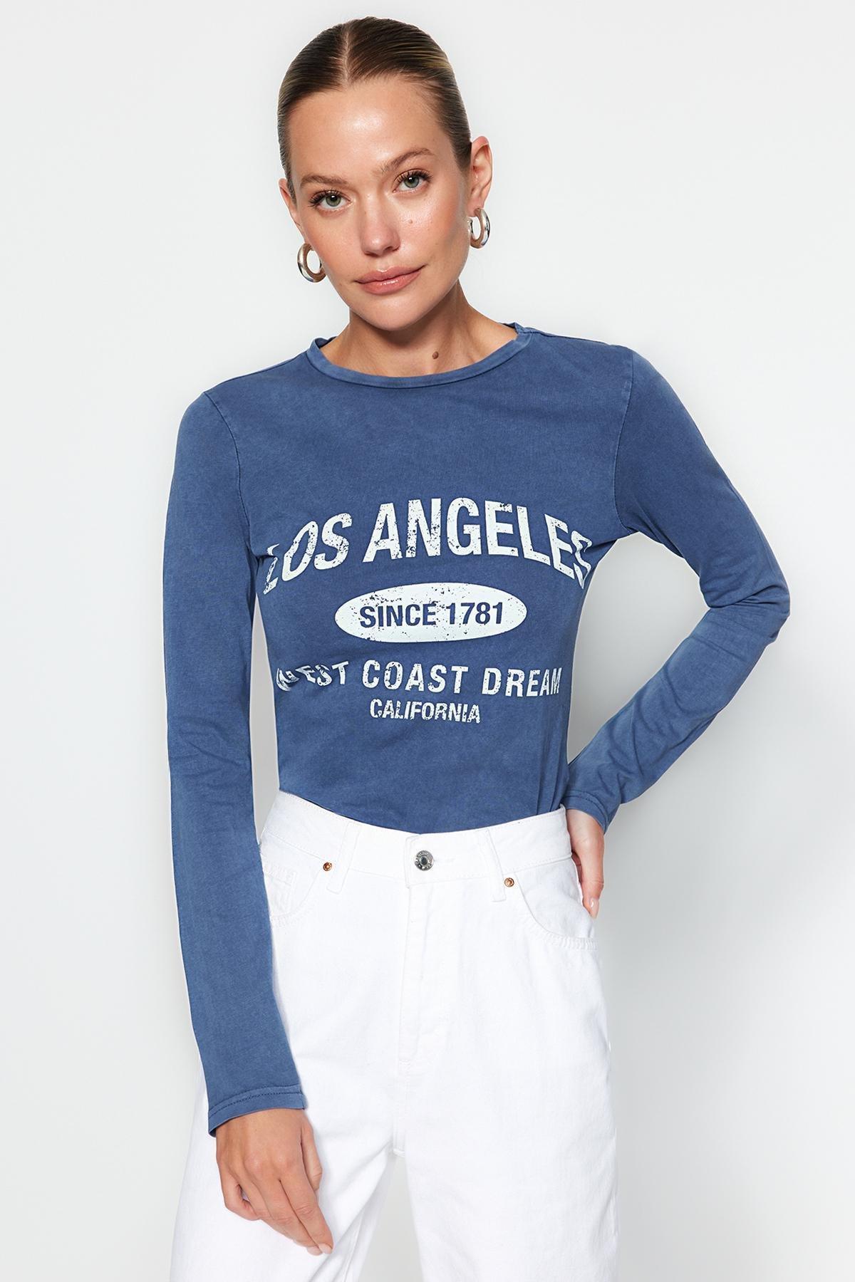 Blue Printed Crew Neck Knitted T-Shirt, Indigo, large image number 2