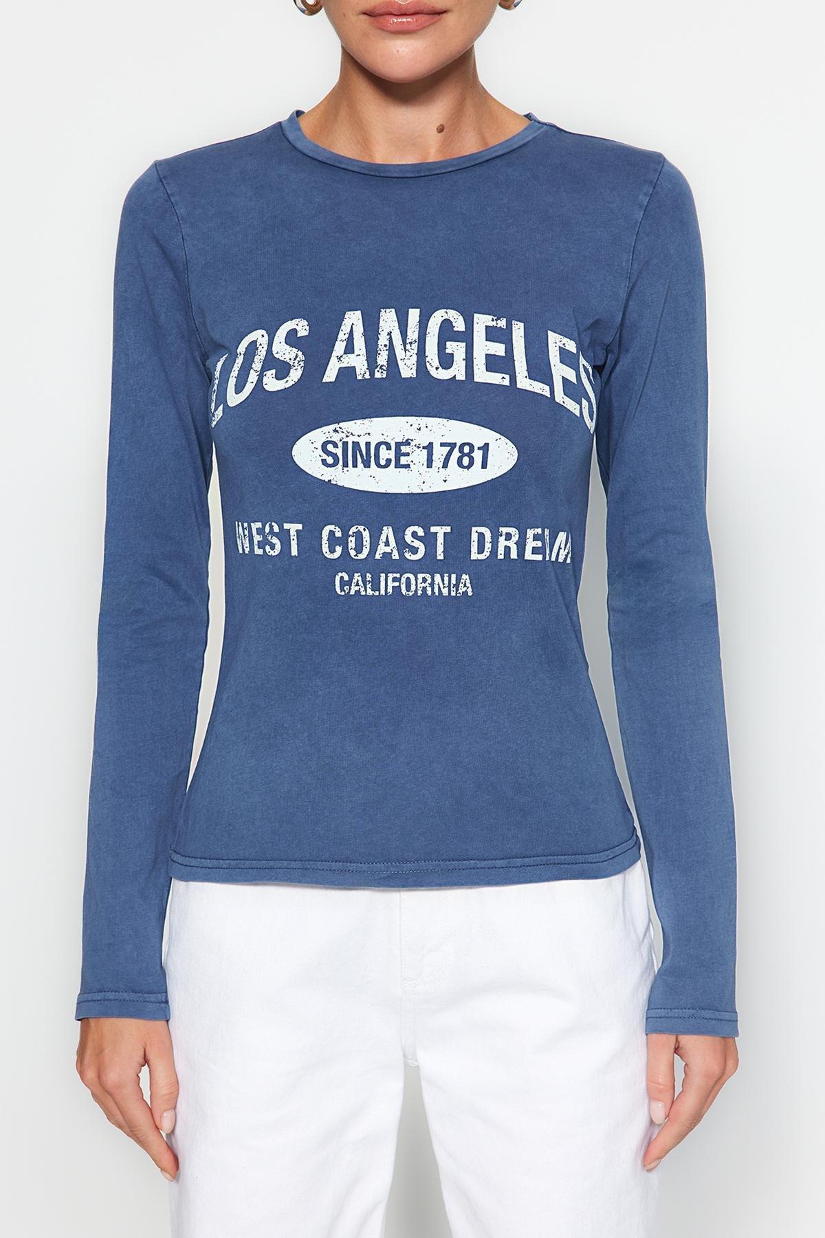 Blue Printed Crew Neck Knitted T-Shirt, Indigo, large image number 3