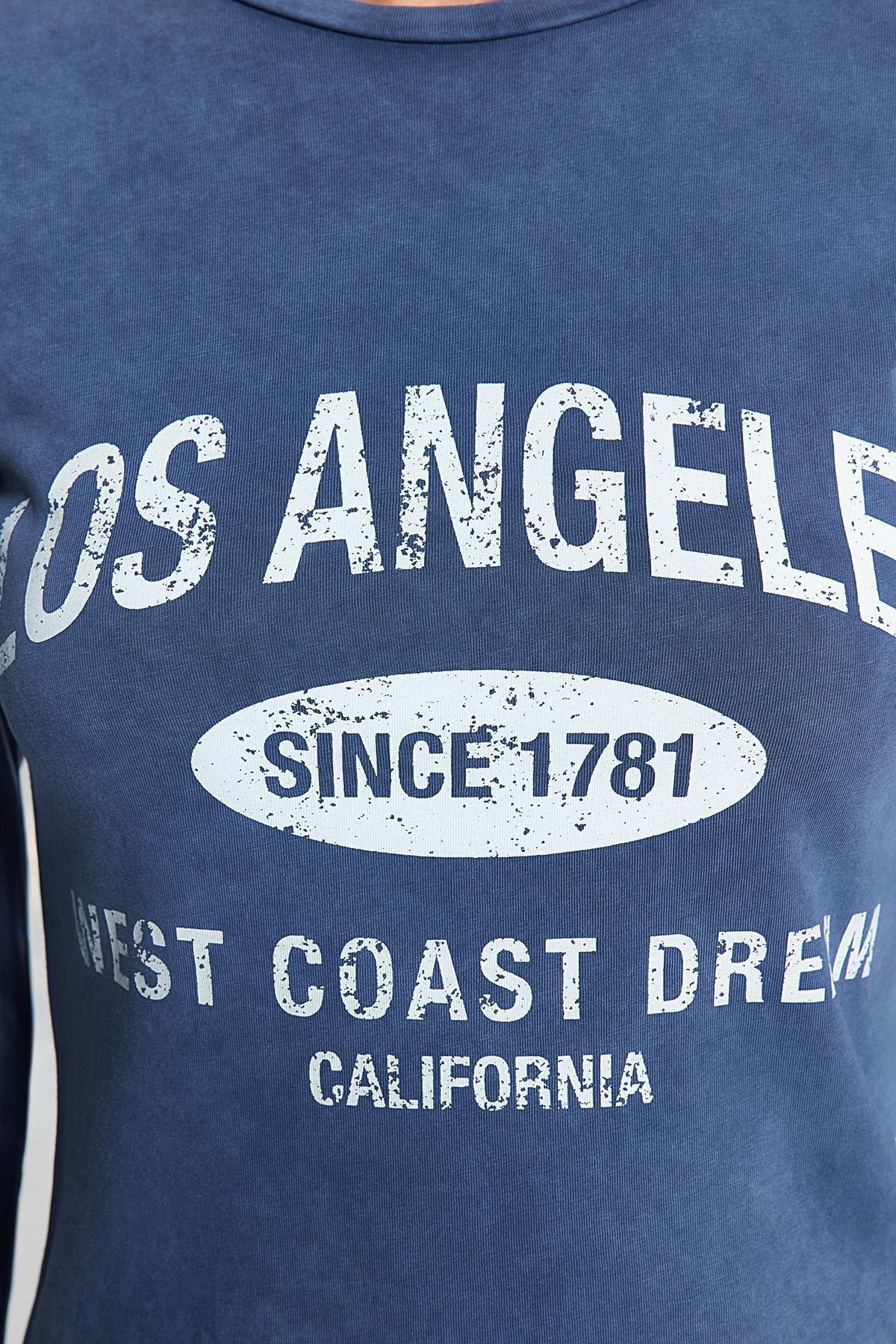 Blue Printed Crew Neck Knitted T-Shirt, Indigo, large image number 4